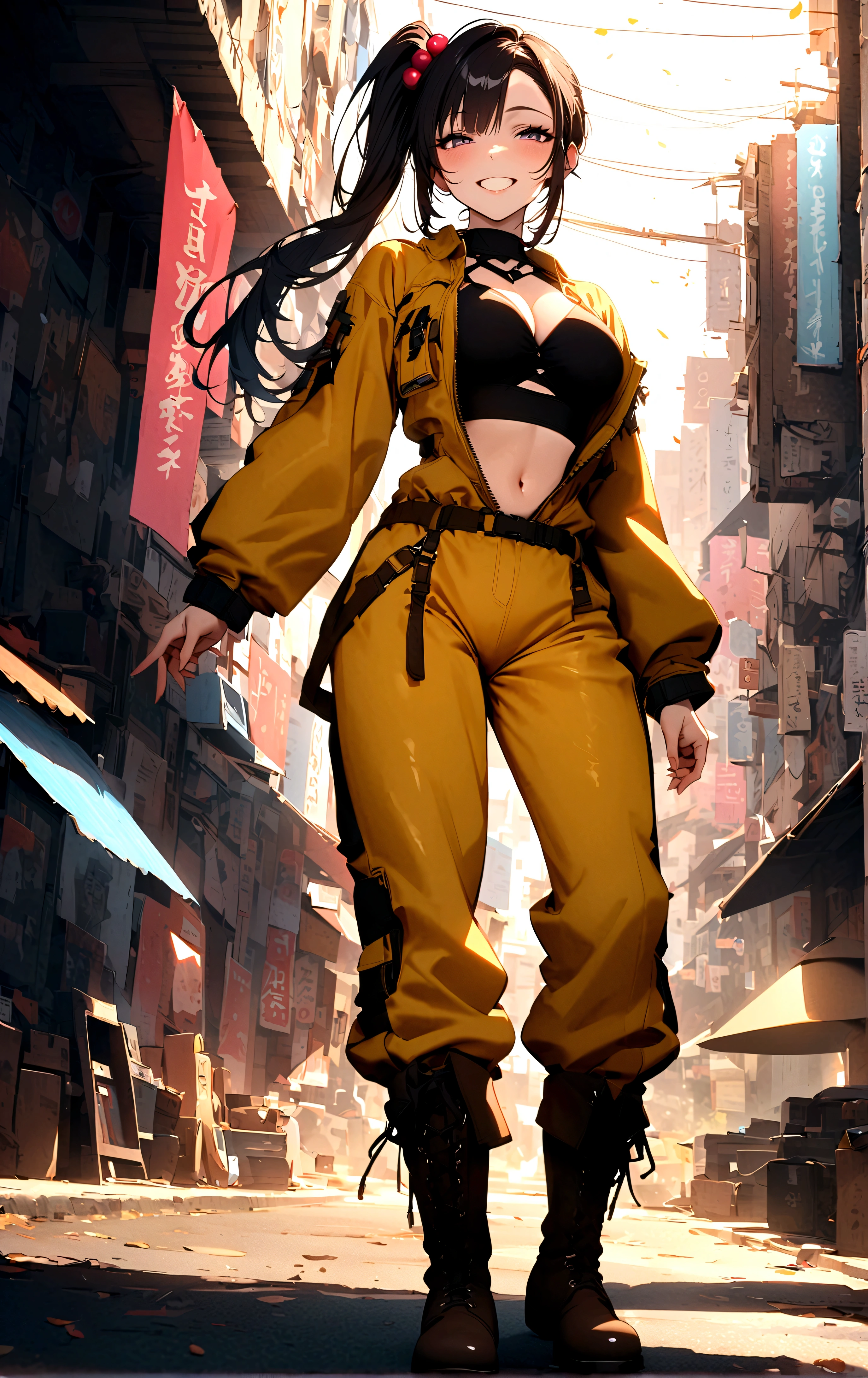 score_9、score_8_up、score_7_up、score_6_up、rating_safe、source_anime、perfect anatomy、ultra details、urami kana、1girl、solo、side ponytail、sidelocks、asymmetrical bangs、hair bobbles、yellow jumpsuit、open jumpsuit、black bikini、brown boots、looking at viewer、smile、grin、half closed eyes、standing、outdoor