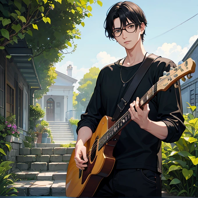 man, young man, man black hair, black eyes, plain green t-shirt, Pantalones cortos para man, big glasses, guitar, Photo, garden portrait, realistic lights and shadows, Very detailed