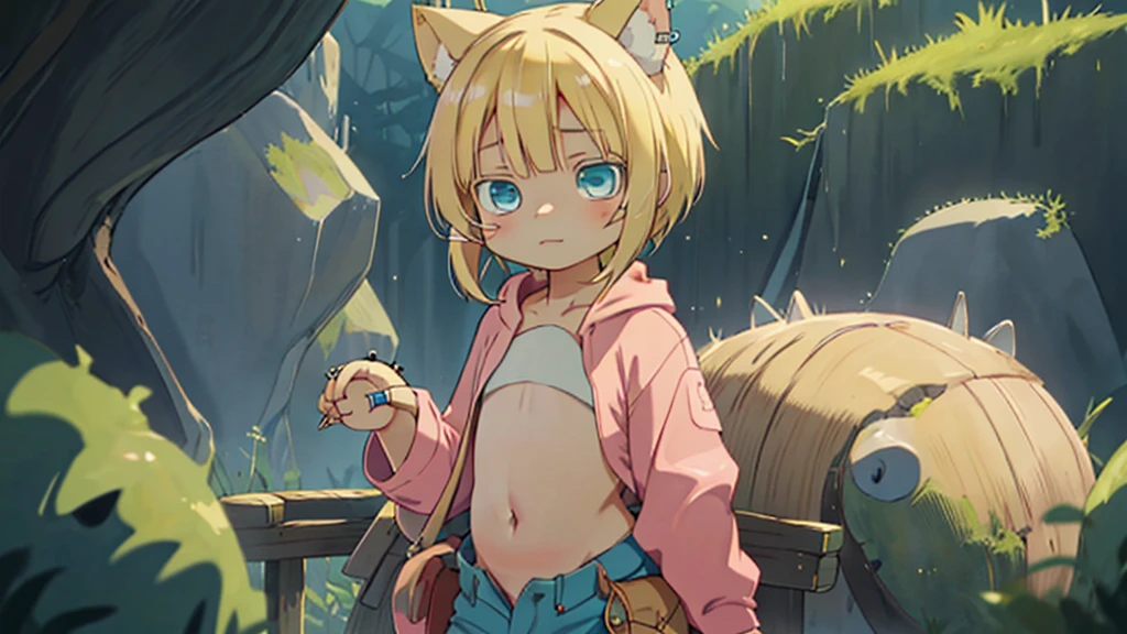 , my_Irumui,
she has (Blonde).
(Eye color is turquoise), SFW,
Blonde Hair、Short Hair、Cat ear、(Blonde rings:1.5),
White skin, Wooden village, (Flat Chest), Denim shorts,
outside, bright,, Pink hoodie,I tried drawing it in the style of Made in Abyss with the belly button sticking out.,
Soft lighting and detailed environments、Create immersive environments that inspire your imagination、Delivering high quality visuals, Dim lighting, Sharply focused, Octane Rendering, 8K Ultra HD