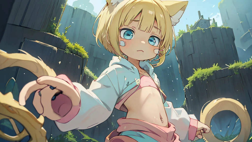 , my_Irumui,
she has (Blonde).
(Eye color is turquoise), SFW,
Blonde Hair、Short Hair、Cat ear、(Blonde rings:1.5),
White skin, Wooden village, (Flat Chest), Denim shorts,
outside, bright,, Pink hoodie,I tried drawing it in the style of Made in Abyss with the belly button sticking out.,
Soft lighting and detailed environments、Create immersive environments that inspire your imagination、Delivering high quality visuals, Dim lighting, Sharply focused, Octane Rendering, 8K Ultra HD