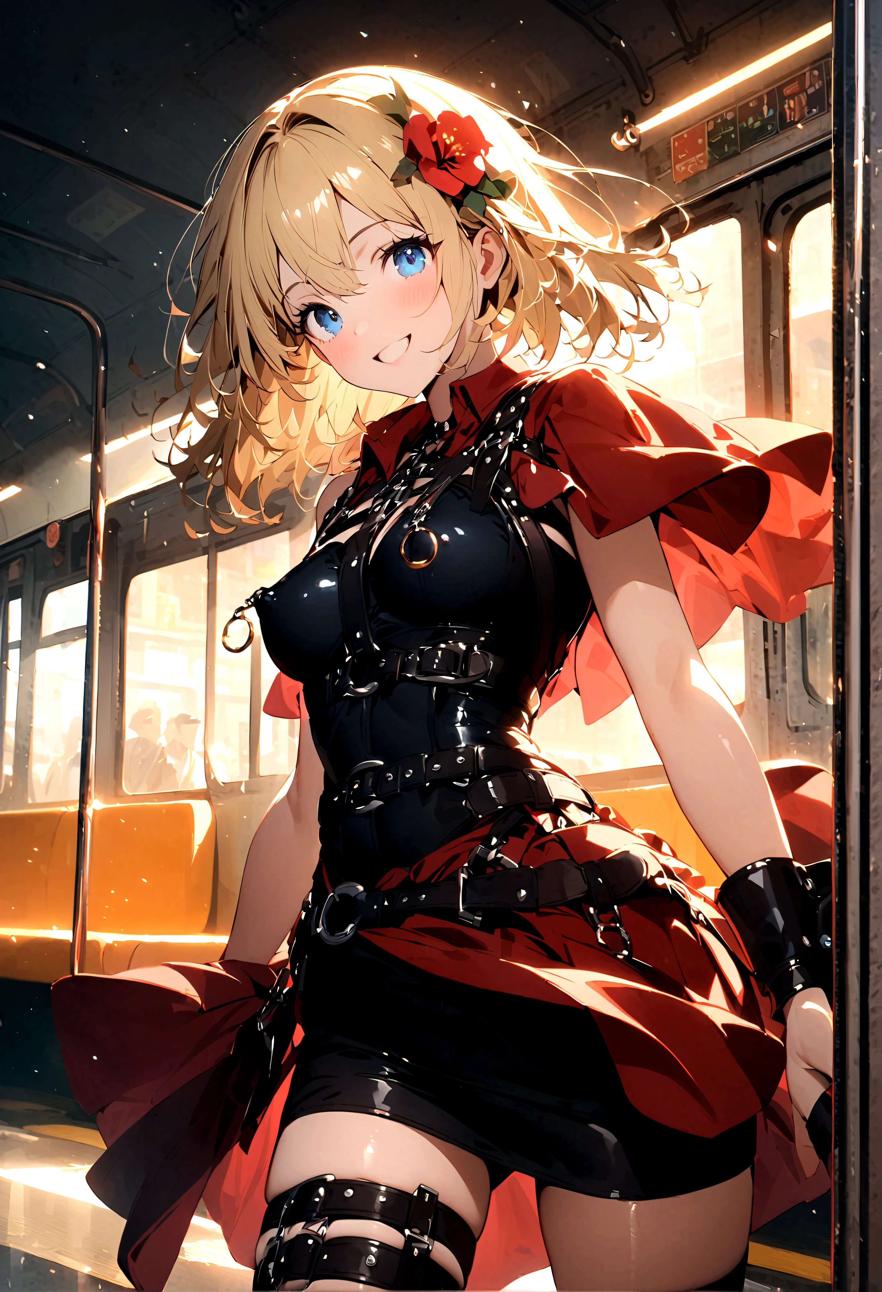 1 girl、Blonde Hair、blue eyes、smile、黒のLeather harness、Body Harness、strap、Leather cuffs、革のfirst round。Leather harness、Body Harness、strap。Body Harness、革のアームstrap、太ももstrap、Thigh belt、Leather cuffs、革のstrap、first round、(No.、Nipple rings)、Body Harness、Subway cars、Hair Flowers、Kick、見る人へのKick