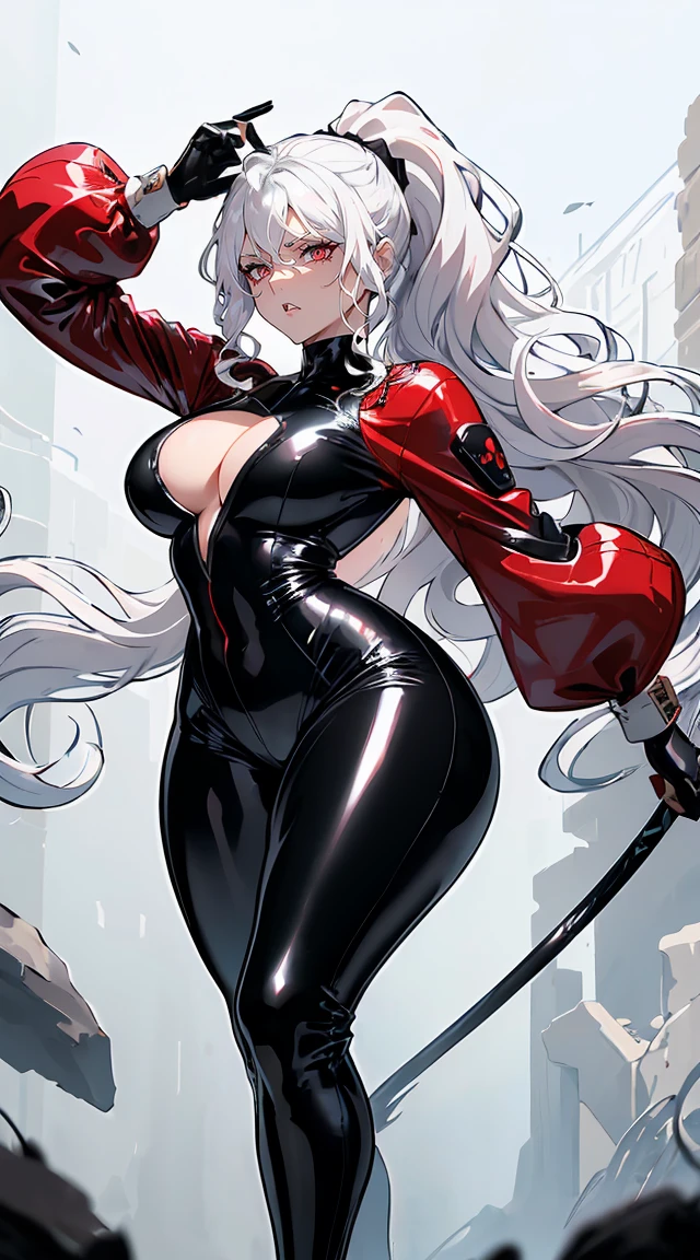 handsome older WOMAN,crimson-eyes,crimson pupils,Long white hair,Hyperresolution,accuracy,Detailed rendering,(Subtle facial image)(Image of fine hair)(topquality)(Masterpieces of masters)(High degree of completeness)(A sense of atmosphere)tmasterpiece,Super detailed and super detailed(half-body portrait), long wavy white hair, (((tHICK WAVY HAIR)))(((ANKLE LENGTH HAIR))) (((Sakimichan))) (((white hair))) (((Latex black fight outfit))) (((Hair in ponytail))) (((fierce expression))) (((skinny))) (((Latex black fight suit)))