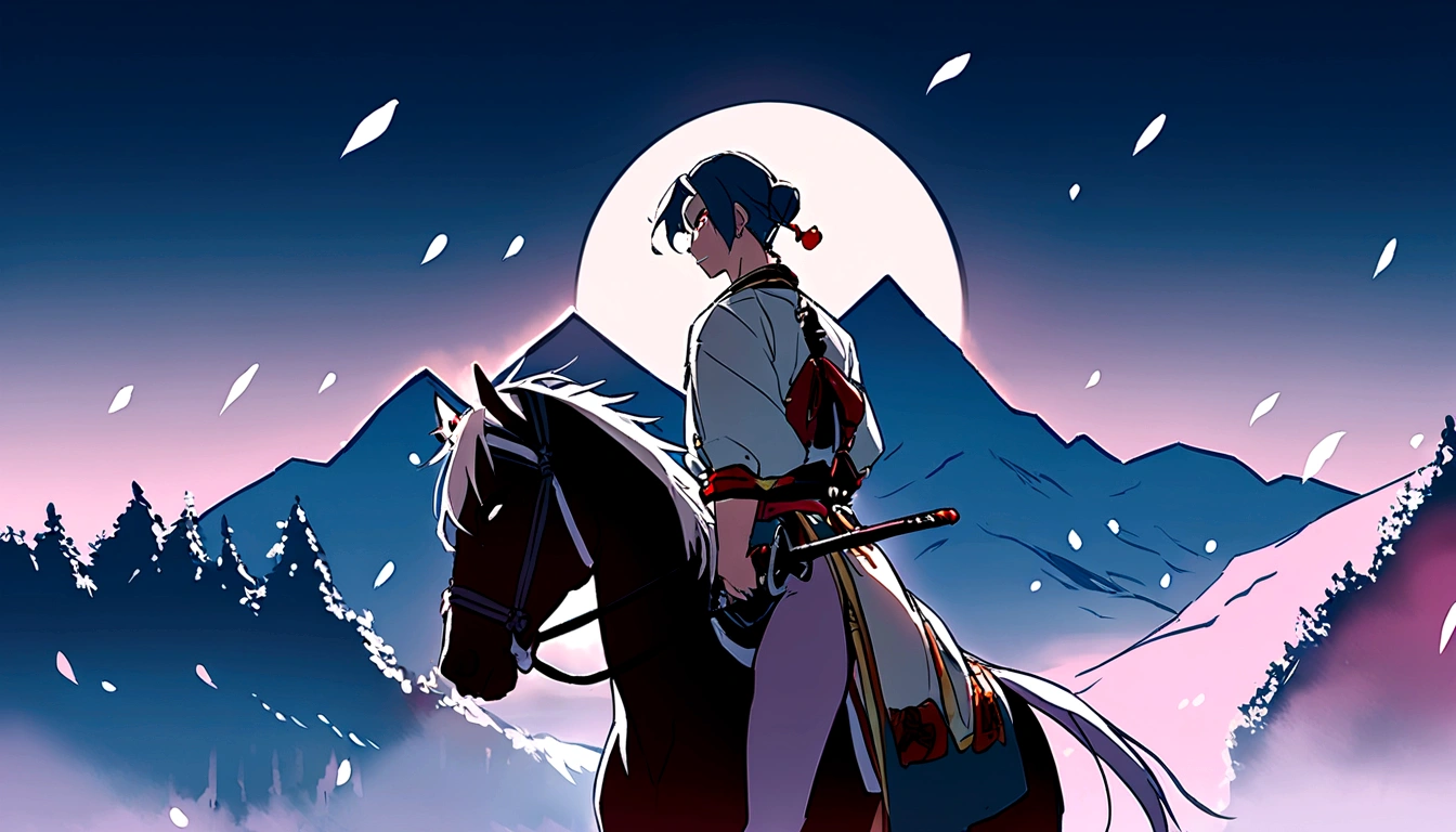 1 person, Samurai holding a Japanese sword, male,Back view,Highest quality,summer, Mountain