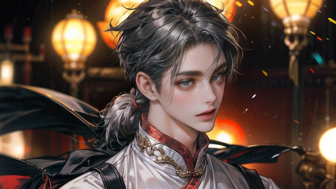 xianxia, 1 boy, malefocus, Alone, black hair color hair, Long gray hair, looking at viewert, sporty attire, pony tails, bblurry, shut up, bblurry background, 黑The eye