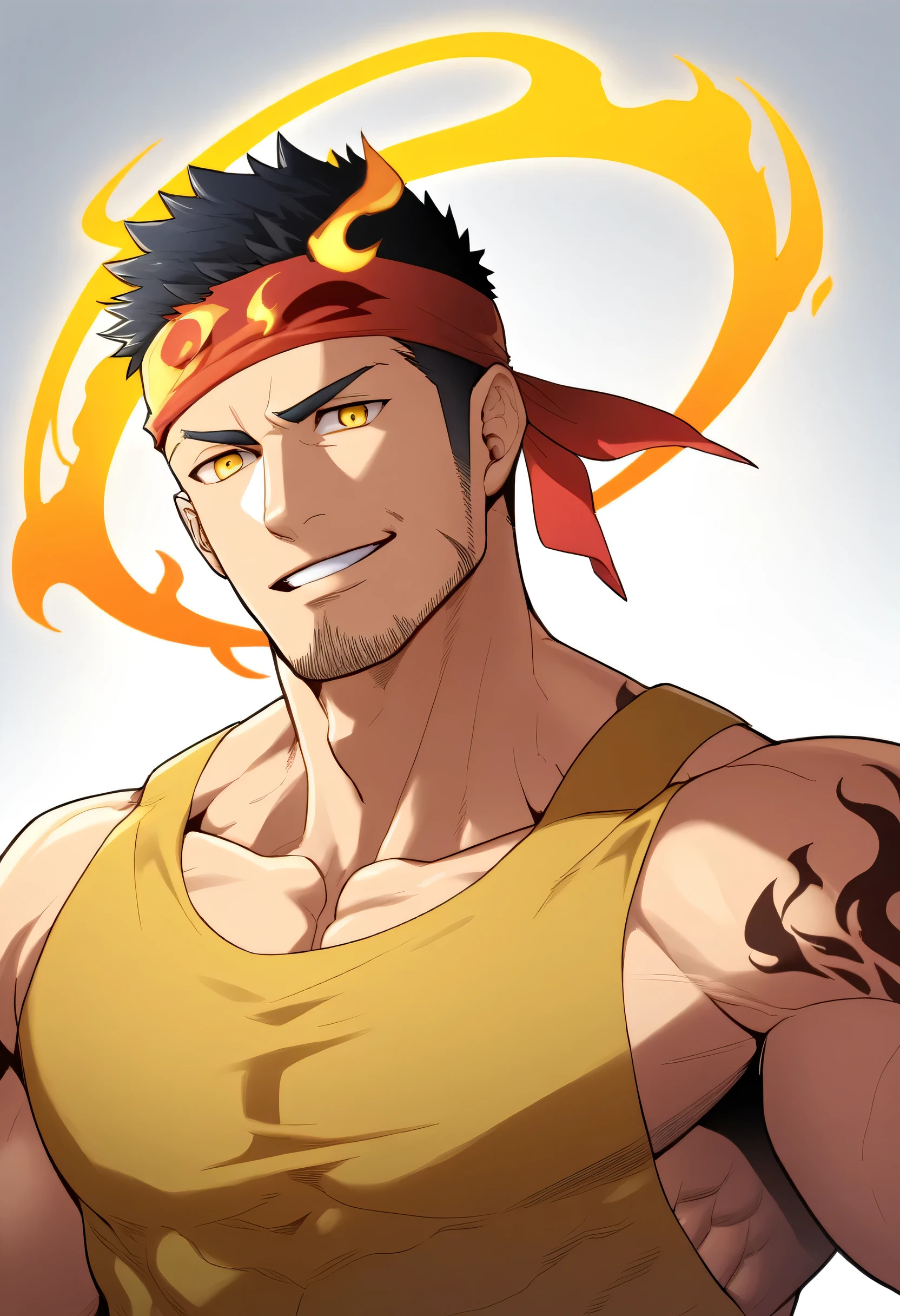anime characters:Gyee, priapus, 1 young muscular man, male focus, Flame tattoo, sports Red headband, Dark Yellow spandex tight tank top, Very tight, muscular male, muscular, Round, firm and full chest muscles, only, Upper body, alone, Black short hair, Thick eyebrows, stubble, Yellow eyes, White background, simple background, amazing quality, best aesthetics, Ridiculous, bright pupils, crew cut, naughty face, torogao, parted lips, halo, god rays, best quality