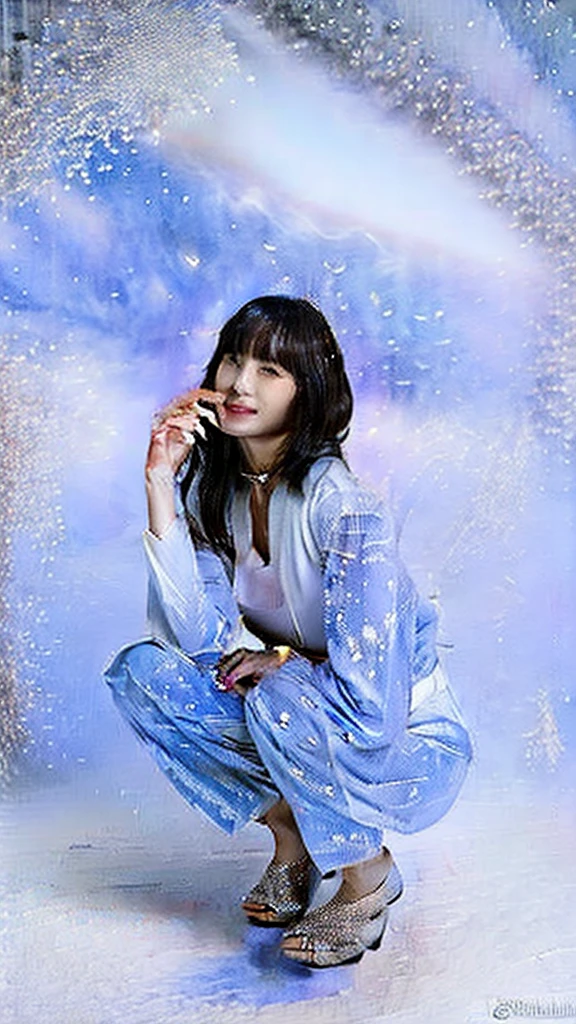A beautiful woman standing on a snowy mountain at night wearing a pure white thin kimono that shows little skin.,(((In the moonlight of a blizzard, a snow woman looking good in a plain white kimono is squatting down, staring at me.))),Full body shot from high up in the sky,best image quality,professional angle of view,Exceptional detail,Super high resolution,realistic:1.4),high detail,focus on details,1girl concentrated in high concentration,long hair,delicate and beautiful face,white small string bikini,Long limbs and slim waist like a model,White Pin Heels,The best smile with raised eyebrows and corners of the mouth,