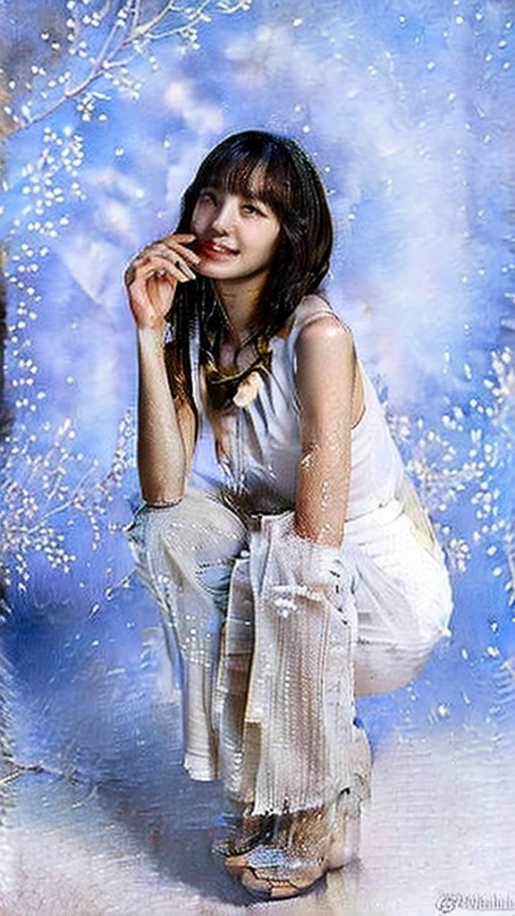 A beautiful woman standing on a snowy mountain at night wearing a pure white thin kimono that shows little skin.,(((In the moonlight of a blizzard, a snow woman looking good in a plain white kimono is squatting down, staring at me.))),Full body shot from high up in the sky,best image quality,professional angle of view,Exceptional detail,Super high resolution,realistic:1.4),high detail,focus on details,1girl concentrated in high concentration,long hair,delicate and beautiful face,white small string bikini,Long limbs and slim waist like a model,White Pin Heels,The best smile with raised eyebrows and corners of the mouth,
