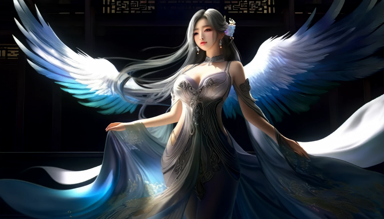 Woman in transparent dress,Viewer,(((Full breasts, Keeley University))),Slim waist,(Navel exposed,Bare waist), Long hair, extreme detailed details, Detailed fantasy art, Stunning character art, Beautiful and exquisite character art, Beautiful transparent dress, Very detailed, Girl wearing flowing Hanfu, Exquisite headpieces and jewellery,Crystal jewelry filigree, galaxy, Stunning visuals, (Dynamic Stripes, light rail:1.2), Vibrant colors,Long hair动漫女孩和狐狸, 美丽的白金色Angel女士, 白毛Angel, Beautiful character painting, Beautiful anime portrait, Angel翅膀的女孩, a beautiful Angel woman, Mystical artwork, Guweiz, by Ren Renfa, Angel, Large Breasts，Full breasts，Golden ratio figure，Perfect body，Ultra wide-angle shooting，Full body shot，Body close-up，Full body shot，Wearing a pleated tulle skirt，Soft anime illustration, Soft dark background，Fujifilm XT3 Clear focus, f 5.6, High Detail, Clear focus, Dramatic, (Wearing openwork clothing), (Looking at the audience:1.8), (Natural light), (Tempting)translucent, Good velvet quality, Compared, Divine Light,, Silver gray hair, Sky background, Absolute Strength,女性Angel，Girl in sexy silk,，Large Breasts，Full breasts，Golden ratio figure，Perfect body，Ultra wide-angle shooting，Full body shot，Body close-up，Full body shot， Wearing a tulle dress, Model shooting style, Large Breasts，Full breasts，Golden ratio figure，Perfect body，(Extremely detailed CG 8k wallpaper unit), The most beautiful artistic photos in the world, , 8K Ultra HD, ) On the big white bed，Lazy gesture，Charming and seductive expression，best quality,masterpiece,Ultra-high resolution,(Practical:1.4),original photo,Ultra-high resolution，White skin，Exquisite makeup，Long legs，Bright beautiful eyes，用深色眼影打造Exquisite makeup，