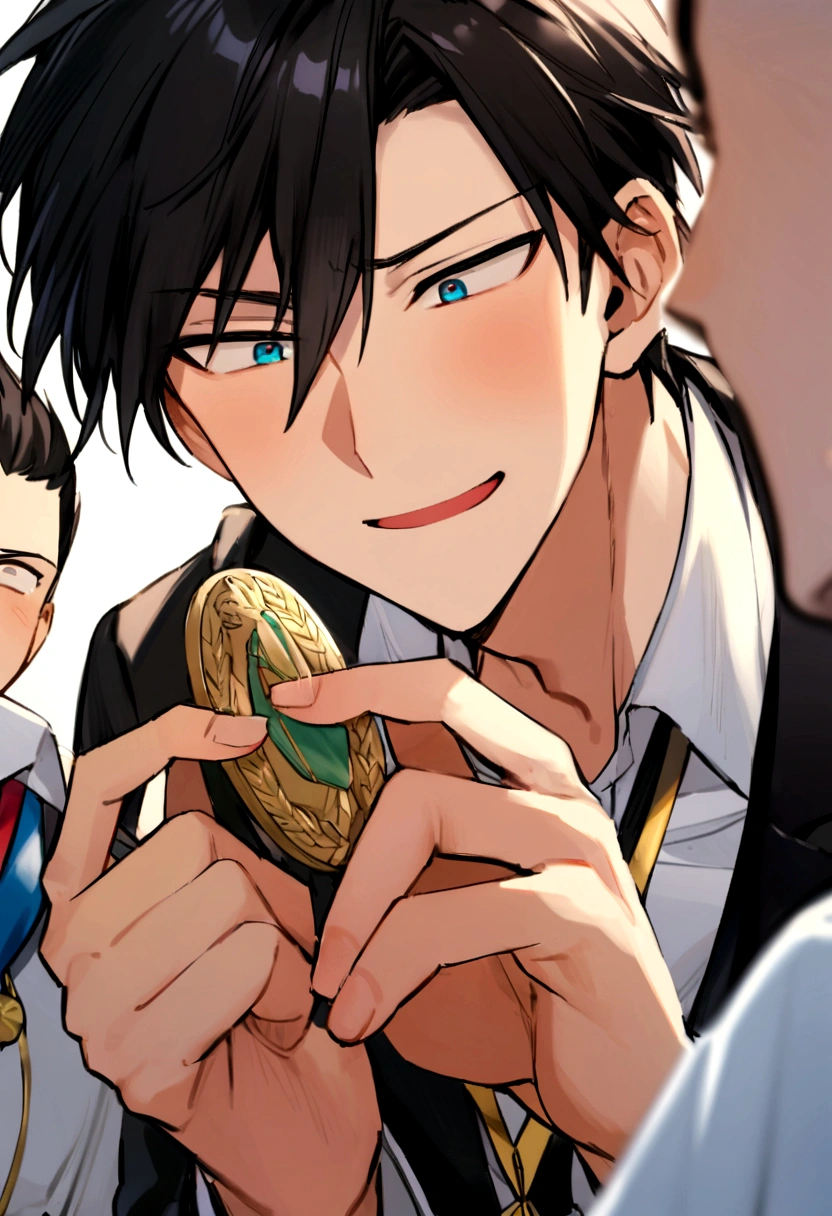 An 18-year-old handsome boy with slanted eyes and black hair enjoying a medal game、A beautiful 18-year-old boy with lapis lazuli eyes and center-parted black hair, enjoying the same medal game.