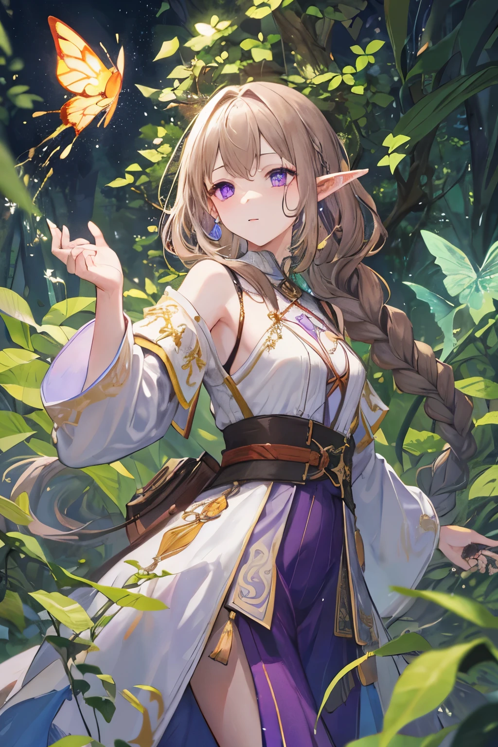 ((best quality)), ((masterpiece)), (detailed), 1girl, (masterpiece), best quality, expressive eyes, perfect face, magical, fantasy, woman, adult woman, Half-elf, druid, long brown hair, hair half up half down with braids, lavender purple eyes, gold accessories, fair skin, pretty, freckles, in forest, druid clothing, magical glowing, magical forest, nighttime, casting a magical spell, casting spell, majestic, glowing light magic, epic, powerful, greenery, vines, nature, flowers, pose holding one hand out with a purple butterfly on fingertip