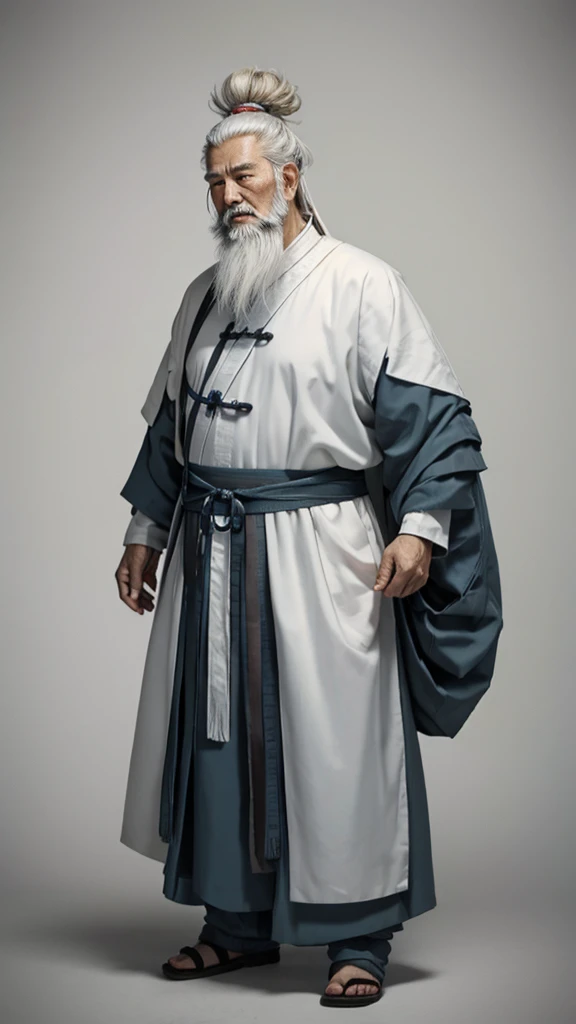 Oriental、Old man in plain white ancient Chinese costume、Ancient Chinese hairstyle old man、Highest quality、masterpiece、Ultra-high resolution、(Realistic:1.4)、Game Poster、Crisp and beautiful image quality、Gray Hair、white and long beard,,(whole body)