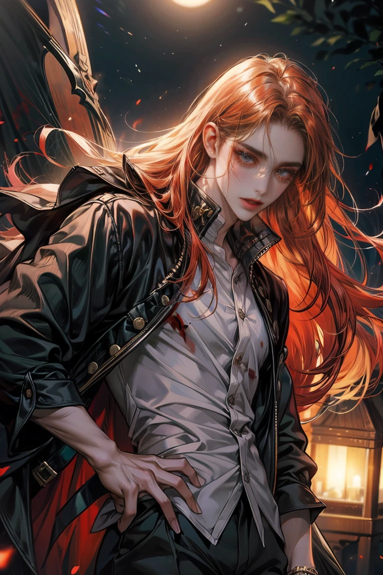 1 man,guy, handsome,Standing , at night,vampire boy,thick red long hair, long hair, red eyes,sexy boy, black shorts,at night,ultra detail, perfect face, clear face, HD face,Ultra detailed face,blood splash, boy only, one boy,1 male, 1 man,1men