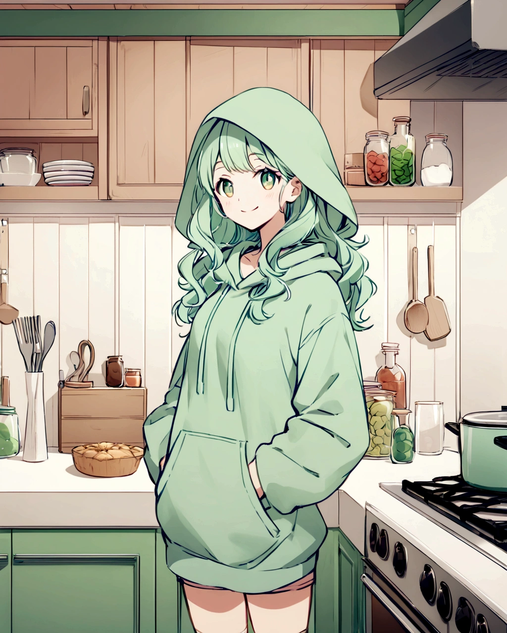 Create an anime-style illustration of a smiling girl standing in a kitchen. The girl has long, wavy hair and is wearing an oversized green hoodie with a hood over her head. She is also wearing shorts, which are partially visible beneath the hoodie. The kitchen is modern with light-colored cabinets and countertops, and various kitchen items like jars, utensils, and a stove are visible. The overall color palette should be soft and pastel, with a calm and cozy atmosphere.