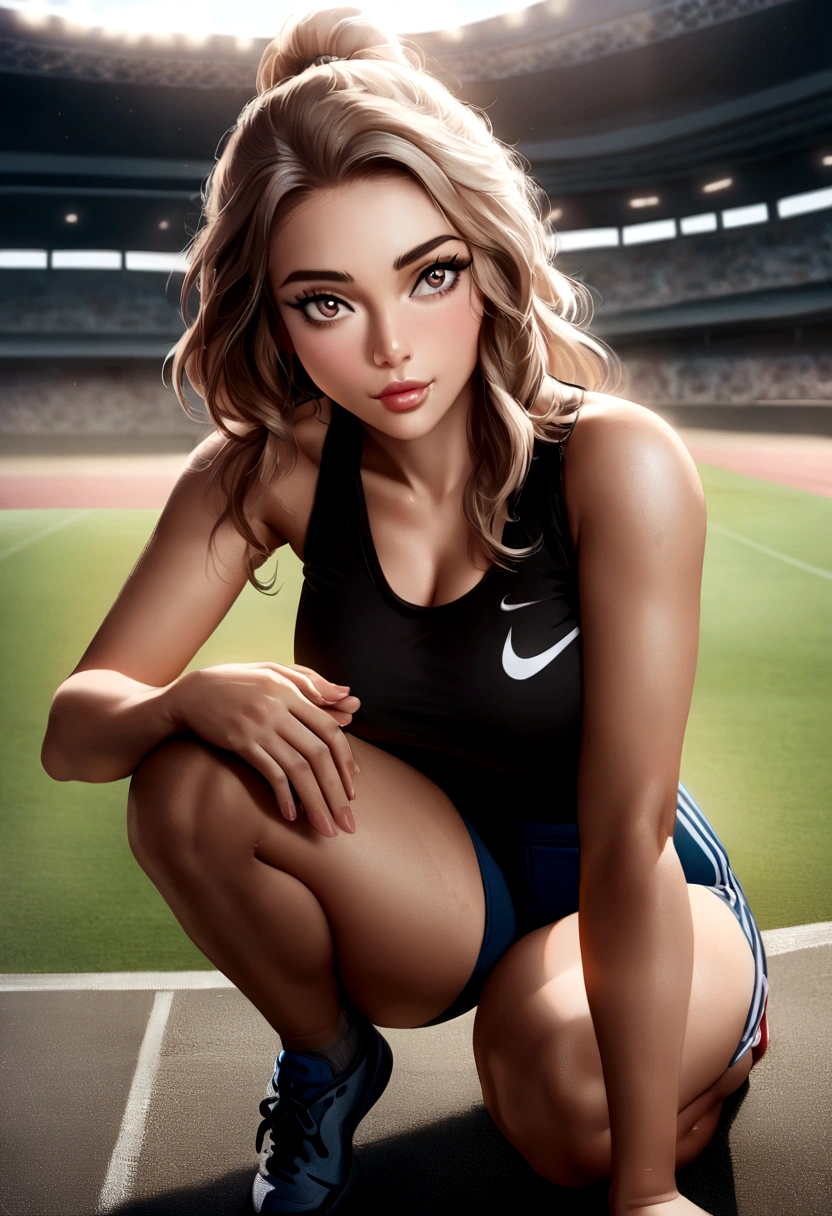 close up, beautiful mature college girl, ((Athletic sports:1.2)), Athletic sports wear, at the stadium, to accompany, ((Get on your knees)), ((place both hands on the floor)), defiance, outside on to accompany field, photorrealistic, cinematic lighting, dark atmospher, volumetric lighting, action pose, epic scene, nike advertising photography, just campaign, Sophie Mudd, Alycia Debnam-Carey, thick neck, latina, angelawhite, violet myers, 22 years old, 21 years old, hazel eyes, italian, italian latina,