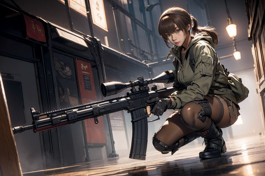 Elaizaikedareal, 1girl, solo, short hair, skirt, blonde hair, red eyes, gloves, ponytail, weapon, pantyhose, hairband, boots, holding weapon, gun, black pantyhose, rifle, one knee, sniper rifle, scope, shell casing