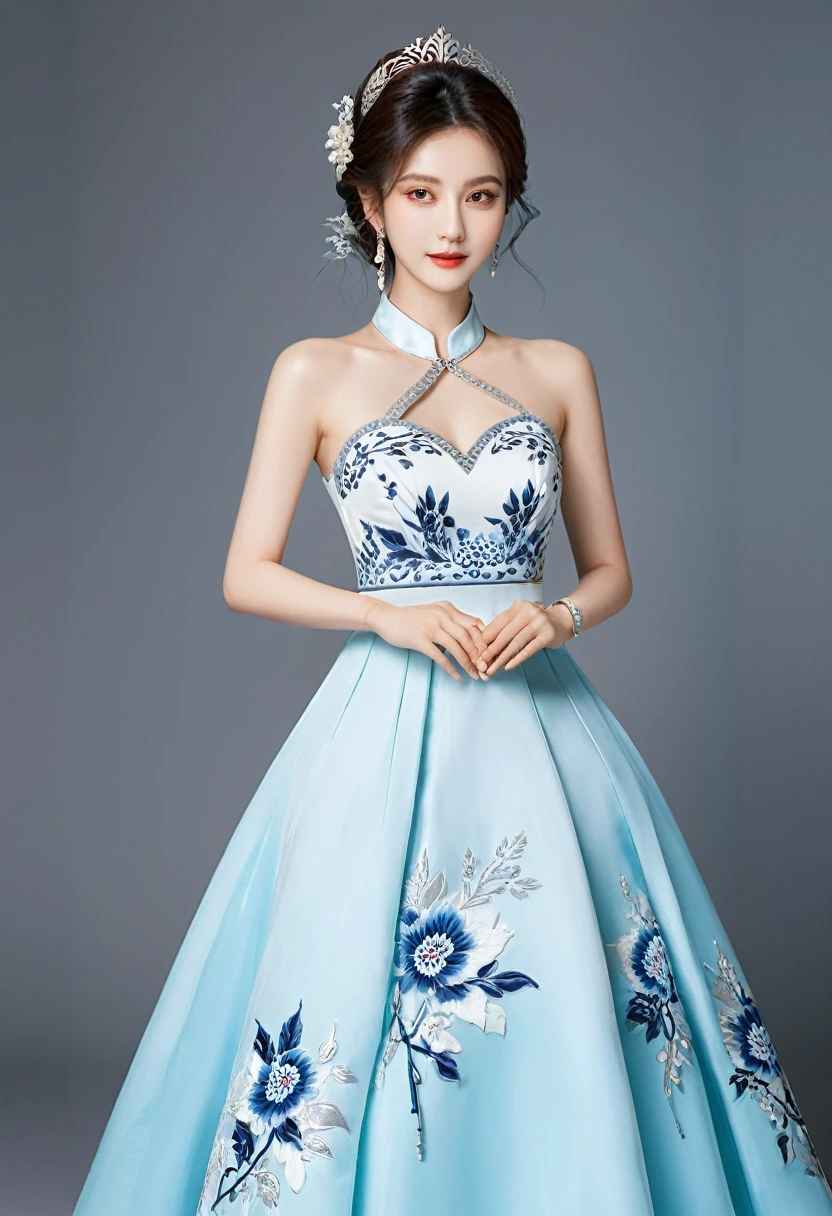 Realistic photo style, whole body 사진에 아름다운 아시아 소녀가 등장합니다., Wearing a unique ethnic style evening gown with delicate skin., bright and lively eyes, Thick eyelashes that look especially attractive. Long dresses are slim and elegant., Eye-catching silver jewelry and alcohol. The high-collar design adds an elegant atmosphere., Color of blue and white porcelain. using light and shadow, The vivid and harmonious appearance of the protagonist is highlighted... whole body, (masterpiece, best quality, professional, perfect composition, very aesthetic, absurd, very detailed, intricate details:1.3)