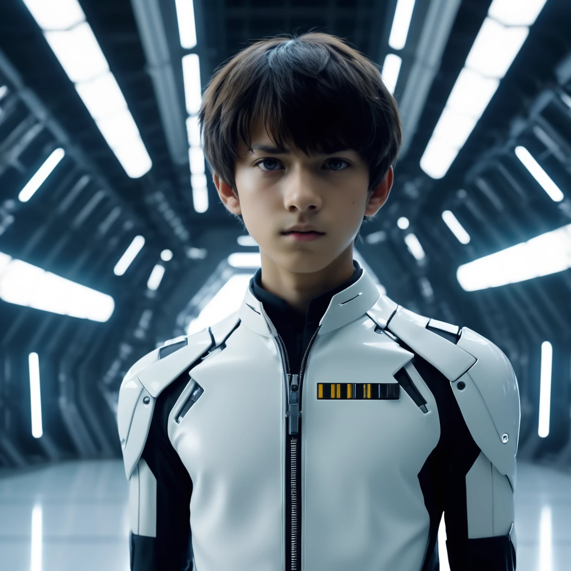 Shinji Ikari Photo,２０Teenage Boy Futuristic Hangar Door Background, Medium Shot, 8K Ultra HD, Digital SLR, Cinema Lighting,