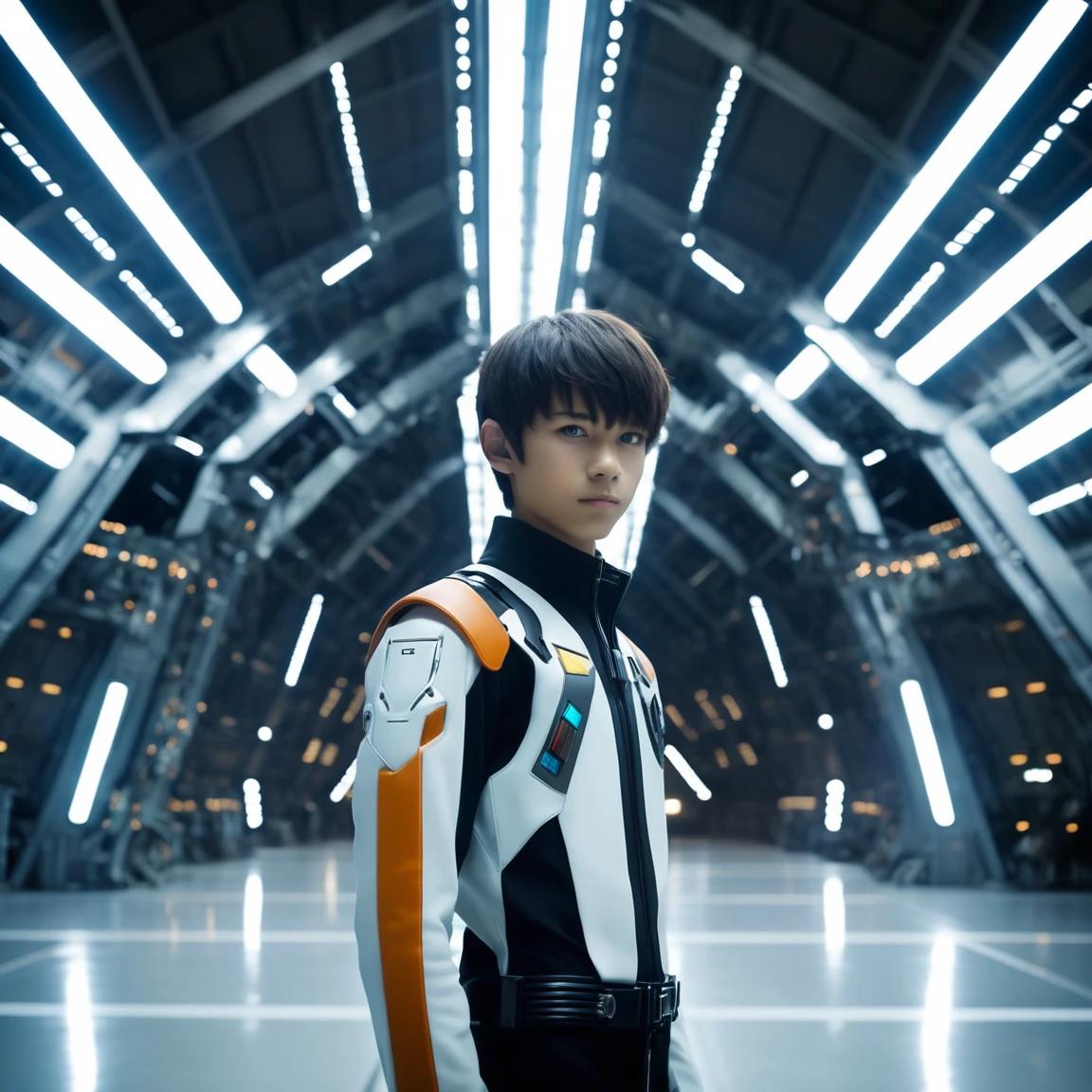 Shinji Ikari Photo,20Teenage Boy Futuristic Hangar Door Background, Medium Shot, 8K Ultra HD, Digital SLR, Cinema Lighting,