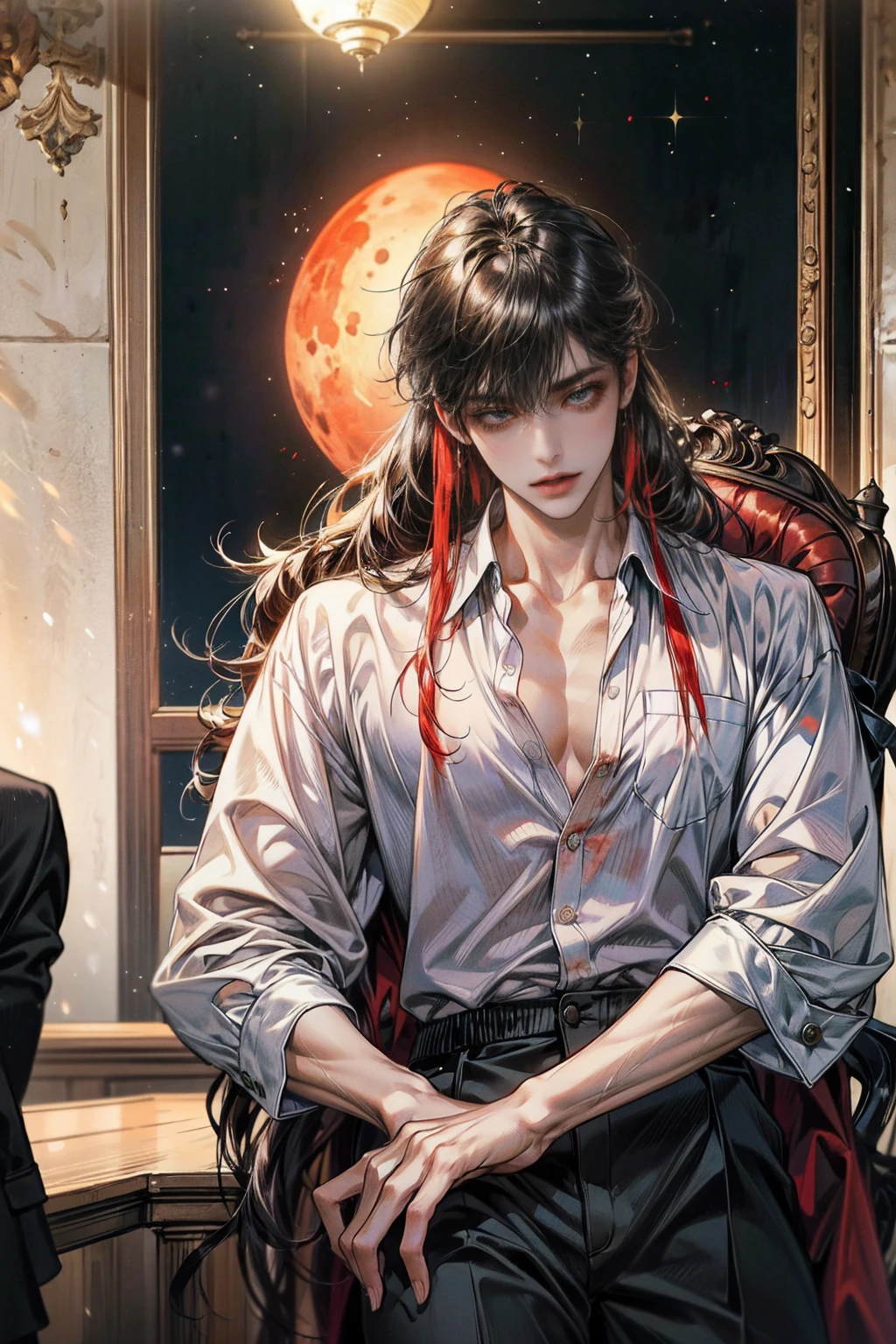 1 man,guy, handsome,Standing , at night,vampire boy,thick red long hair, long hair, red eyes,sexy boy, black shorts,at night,ultra detail, perfect face, clear face, HD face,Ultra detailed face,blood splash, boy only, one boy,1 male, 1 man,1men