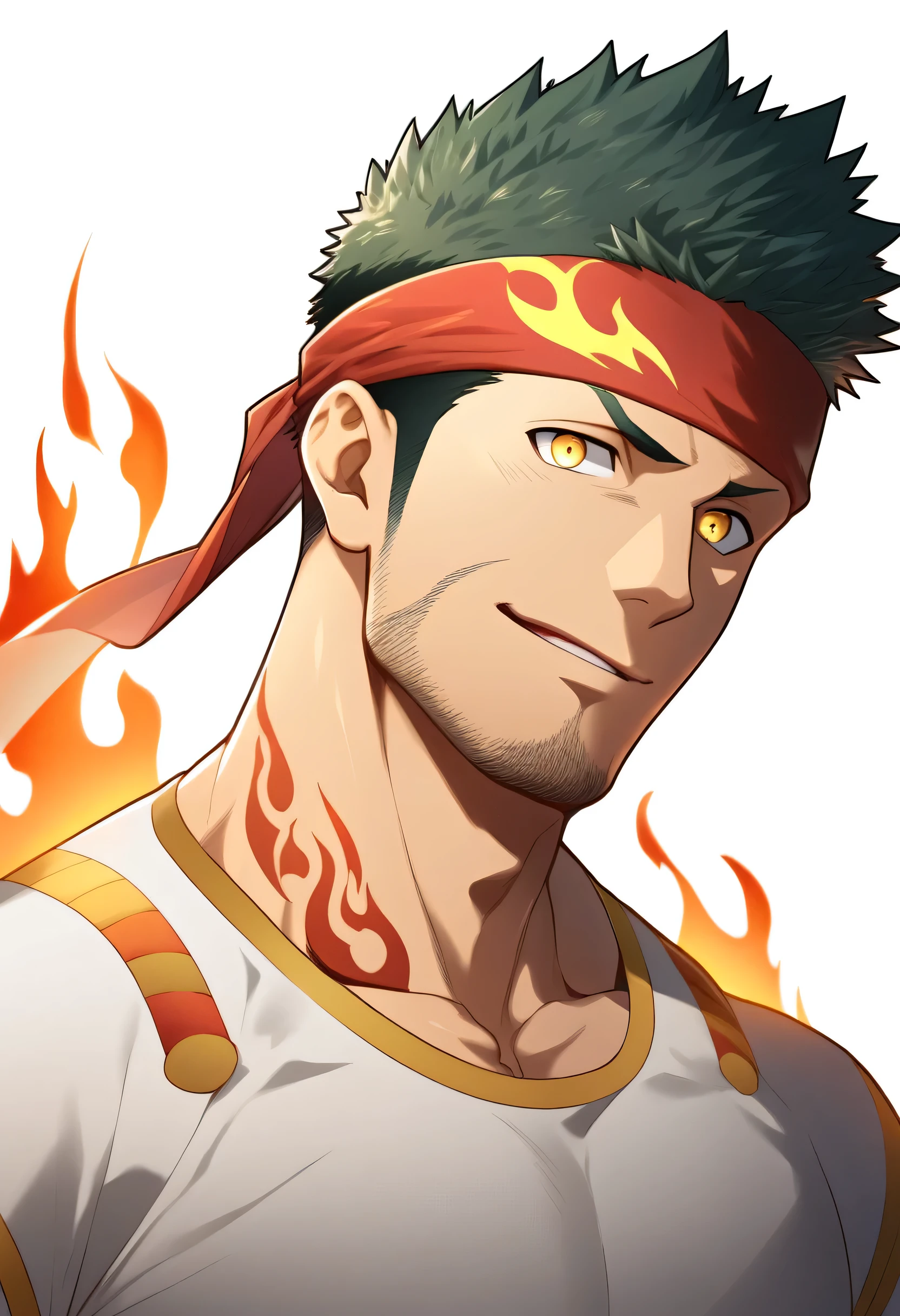 anime characters:Gyee, priapus, 1 young muscular man, male focus, Flame tattoo, sports Red headband, Creamy white spandex tight T-shirt, muscular male, muscular, only, Upper body, alone, Black short hair, stubble, Yellow eyes, White background, simple background, amazing quality, best aesthetics, Ridiculous, bright pupils, crew cut, naughty face, torogao, parted lips, best quality