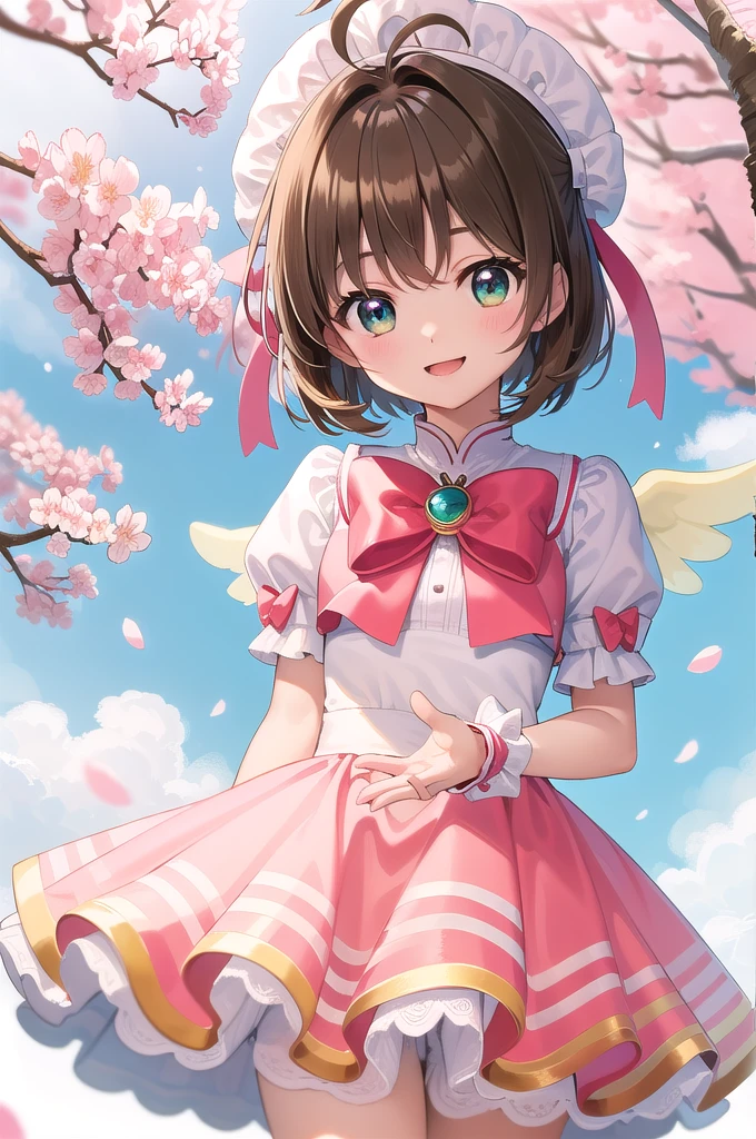 (masterpiece, Highest quality, detailed:1.3),(photograph:1.3), HD transparent background, High Detail, 1 Girl,pretty girl、cute、View your viewers、Cardcaptor_cherry blossoms、、young、Outdoor、cherry blossoms、wing、wing、白いwing、Pink and white dress、smile、dance、candy magic , Dazzling brightness, Vibrant , sweet aura, cream stream,Shiny Hair ,