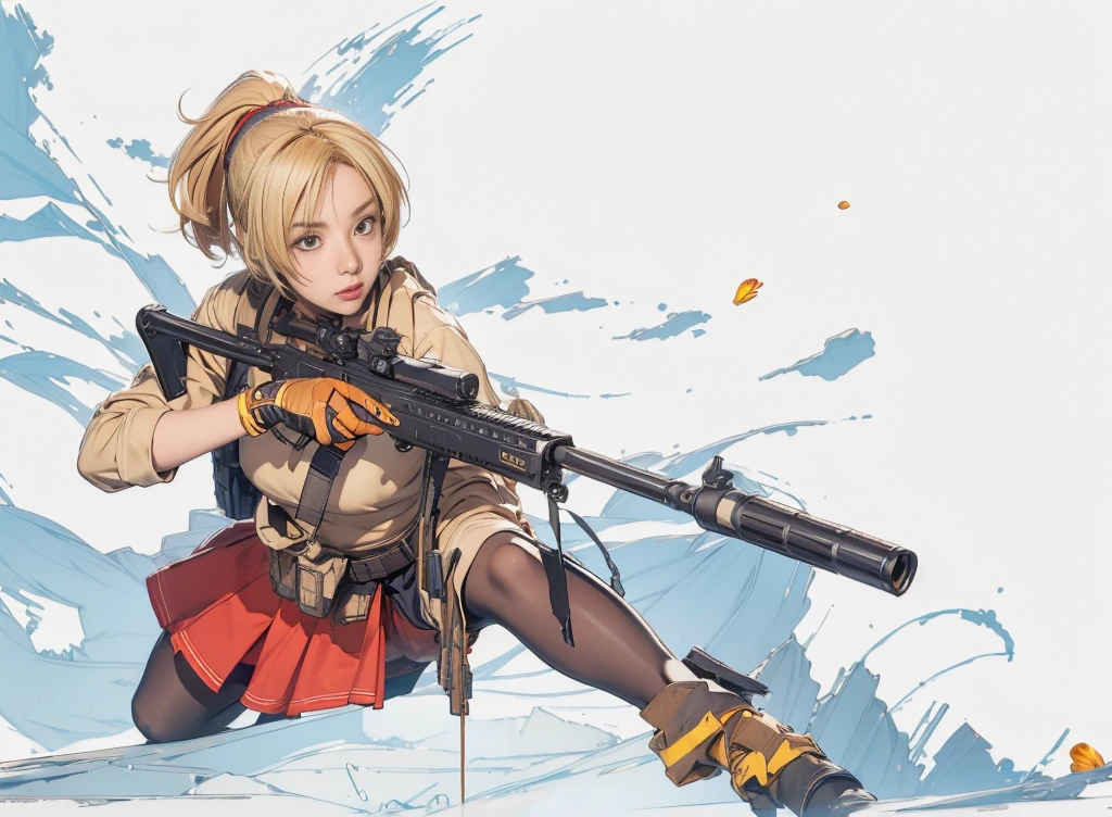 Elaizaikedareal, 1girl, solo, short hair, skirt, blonde hair, red eyes, gloves, ponytail, weapon, pantyhose, hairband, boots, holding weapon, gun, black pantyhose, rifle, one knee, sniper rifle, scope, shell casing