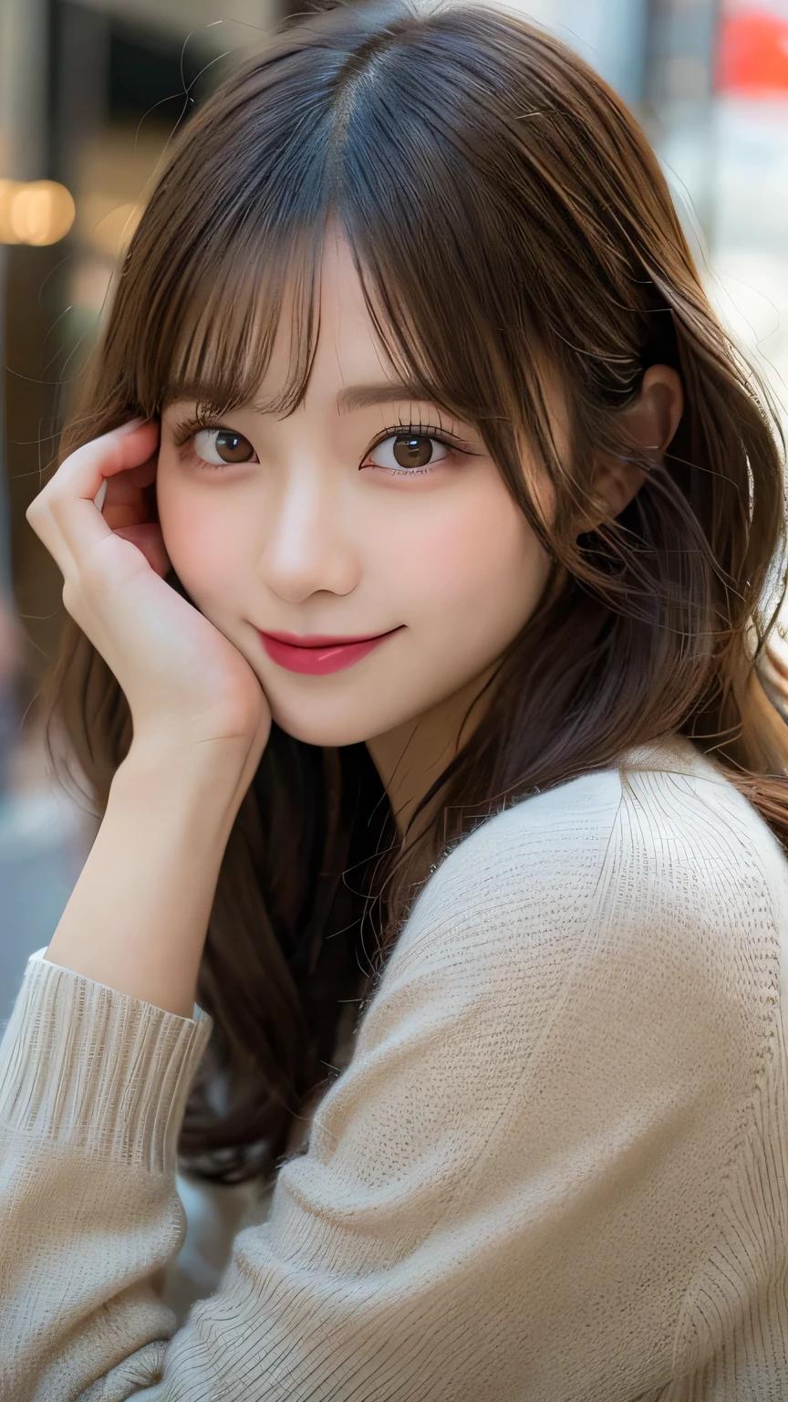 Tabletop, Highest quality, figure, Super detailed, In detail, High resolution, 8k wallpaper, Perfect dynamic composition, Beautiful attention to detail, Autumn fashion for women,Wavy Hair,huge 、Natural color lip, Bold sexy pose,smile,Harajuku、20-year-old girl、cute、sexy shot looking at camera、Close-up of face