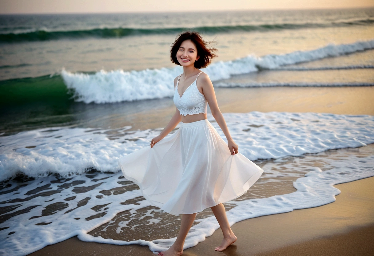 sunset on the beach,바다에 잔광이 비치네sunset on the beach 붉은 태양,A strong lingering scent is reflected in the sea., Beautiful 46-year-old short Korean woman, Chest size 34 inches, Wear sleeveless, white light skirt. beautiful pretty woman look , wearing a light skirt , Go far into the sea water and dip your toes., Short medium hair blowing in the wind, 1 short woman, beautiful eyes, a little smile, Full-body photo taken from afar with a wide-angle lens, The background is clean and perfect., waves moved by the wind, best high definition