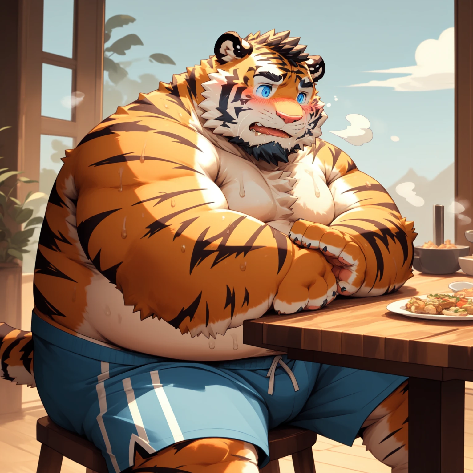New Jersey 5 Furry,WhiteTiger,Solitary,Chubby,Fat,Thick arms,Rugged muscles,shorts,orange Plush fur,Chubby Face,Black eyebrows,Sky blue eyes,Beard, (topless,short),blush,Sweating,Sitting at the dining table,gourmet food,steam,heat,Saliva dripping