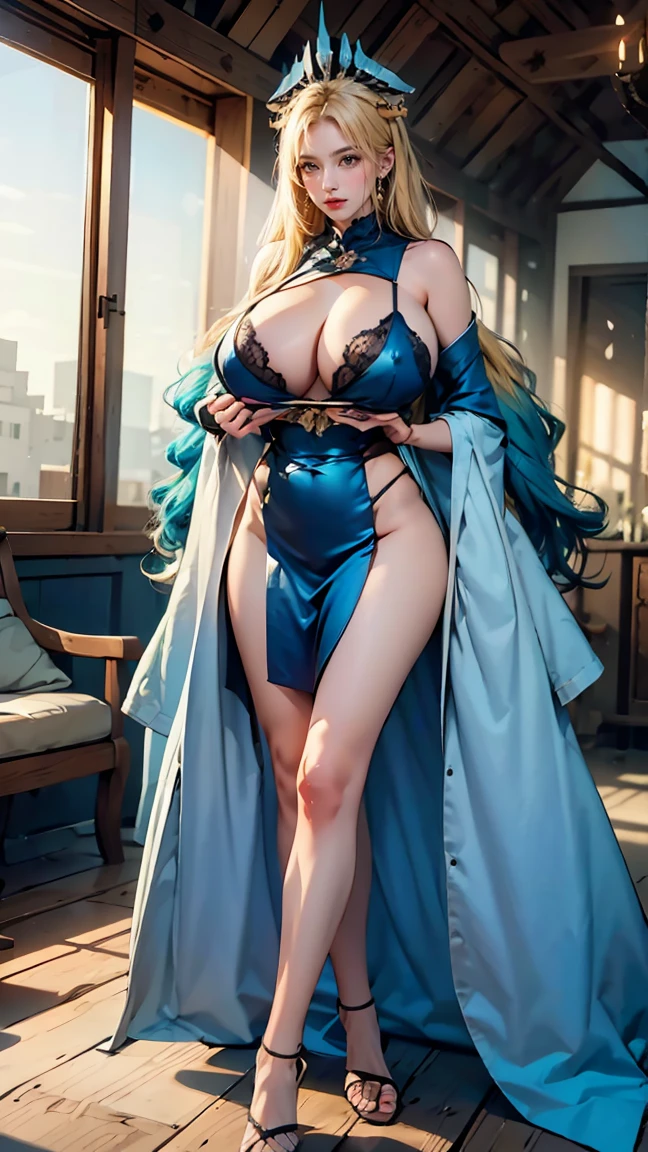 Best quality, masterpiece, ultra high res, raw photo, beautiful and aesthetic,deep shadow, dark theme,(ultra detailed:1.3),
1girl, sexy pose, Headdress, (beautiful face, detailed eye:1.2), embarrassed, (busty breasts, gigantic breasts:1.1), drill hair, long hair, blonde hair, gradient hair, yellow eyes, solo, big hair, blue hair, divine goddess, looking at viewer, indoors, royal palace, medieval bedroom, canopy bed, candlelight, luxurious, astraea, full body, (YamatoV2:1.3),