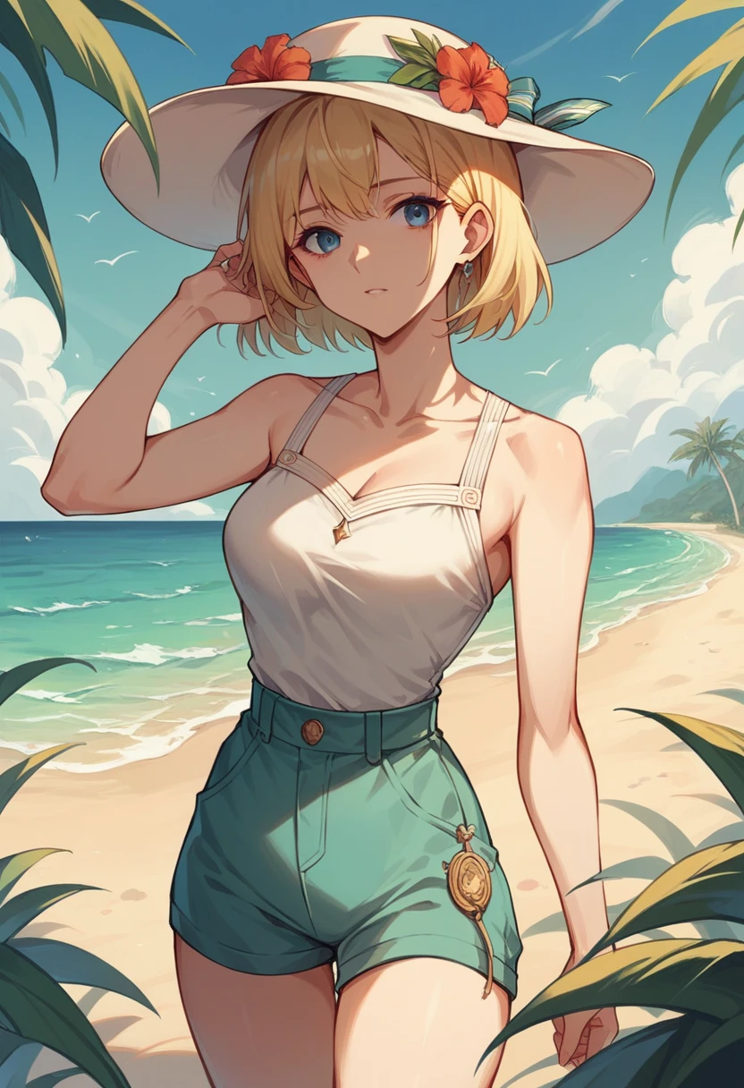 commander anime girl, open-neck summer dress, turquoise shorts, 18 years old, tall, medium length blonde hair, blue eyes, on vacation on an island, on the beach, stand up, white commander hat, alone, 8K