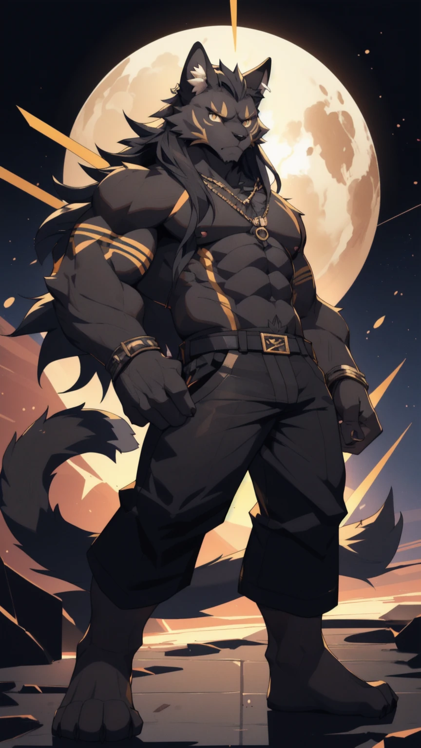 dark night background,high resolution,4K,masterpiece,high quality,fiercely,25 years old,((Black Cat)),male,((whole body:1.4,Strike a pose:1.3)),Cat furry,(Young Adults:1.5,hairy),((Fierce face:1.3,Wild:1.2,Long hair:1.3)),((Strong body:1.5,big ear:1.3,Thick long cat tail:1.3)),(((wearing black,Black shorts))),(((Black cat fur:1.6,Wild muscles:1.3,Glowing golden eyes:1.4,Black hair:1.3,Black chest:1.3,Black belly:1.4,Black limbs:1.4,White cat nails))),Delicate eyes:1.6,Fine details,Detailed body,(Detailed hand details:1.4)
