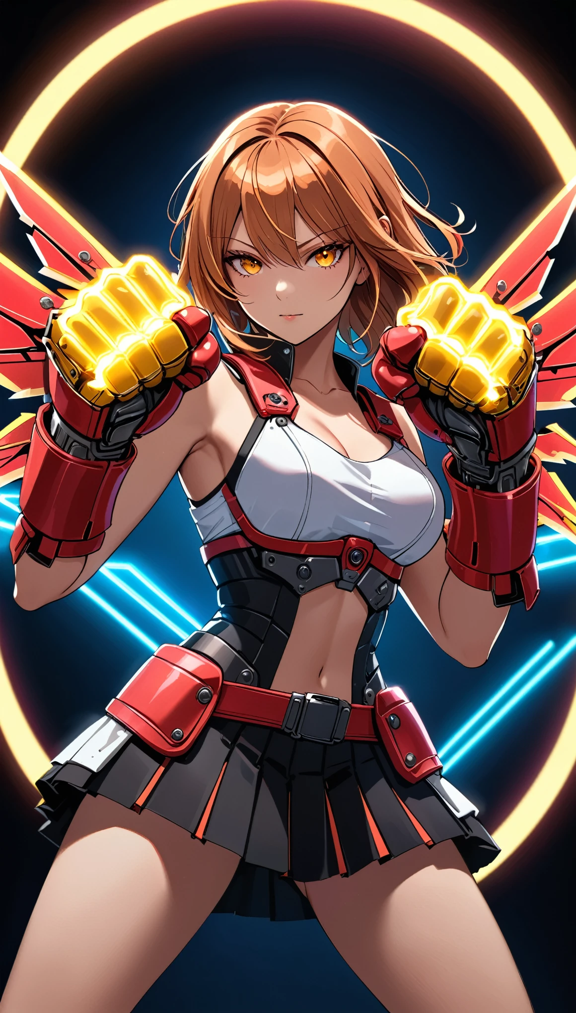 in style of David Sims,
exaggerated and gigantic modified mechanical wings,mechanical_halo,1 girl,mechanical wrist,mechanical skirt with pleated skirt,(huge makeover mechanical fists:1.5),(mechanical knee joints:1.2),(the fist glowing neon light:1.3),(hitting:1.3)，boxing defensive action,(focus on the fist:1.9),(outstretched_arm:1.4),