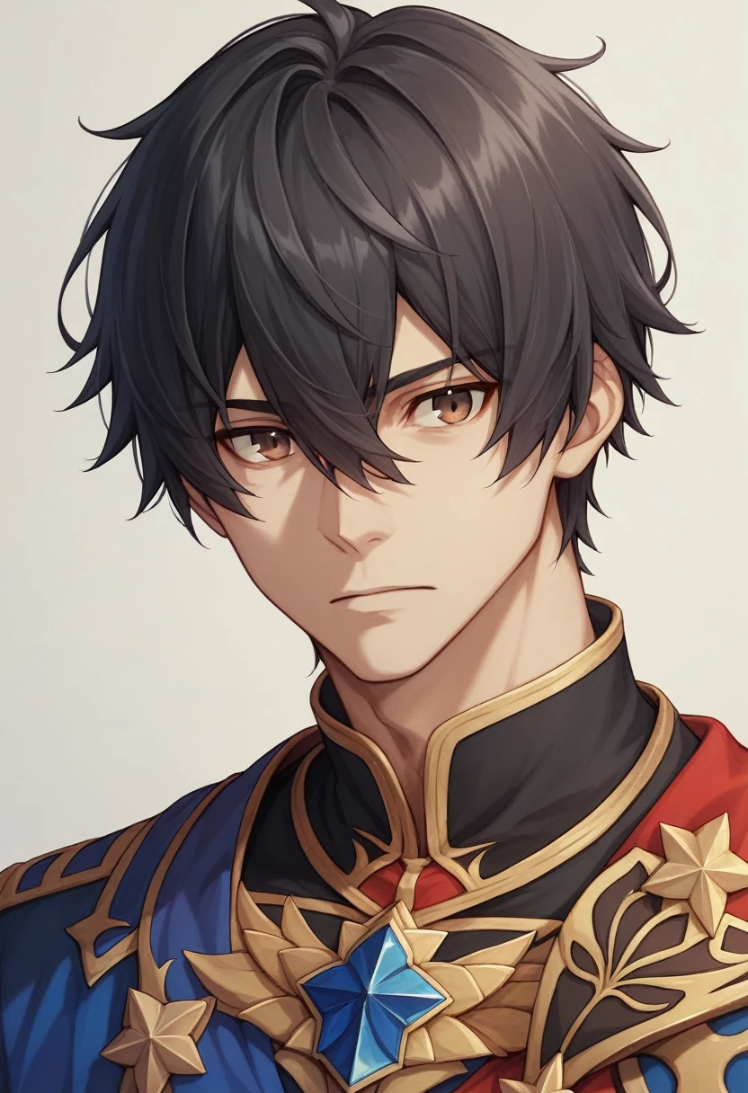 (best quality:1.1), (masterpiece:1.4), movie still, , upper body, , ligne claire, , 1boy, solo, male focus, fate_graphite, black hair, brown eyes, bangs, hair between eyes, short hair, mask