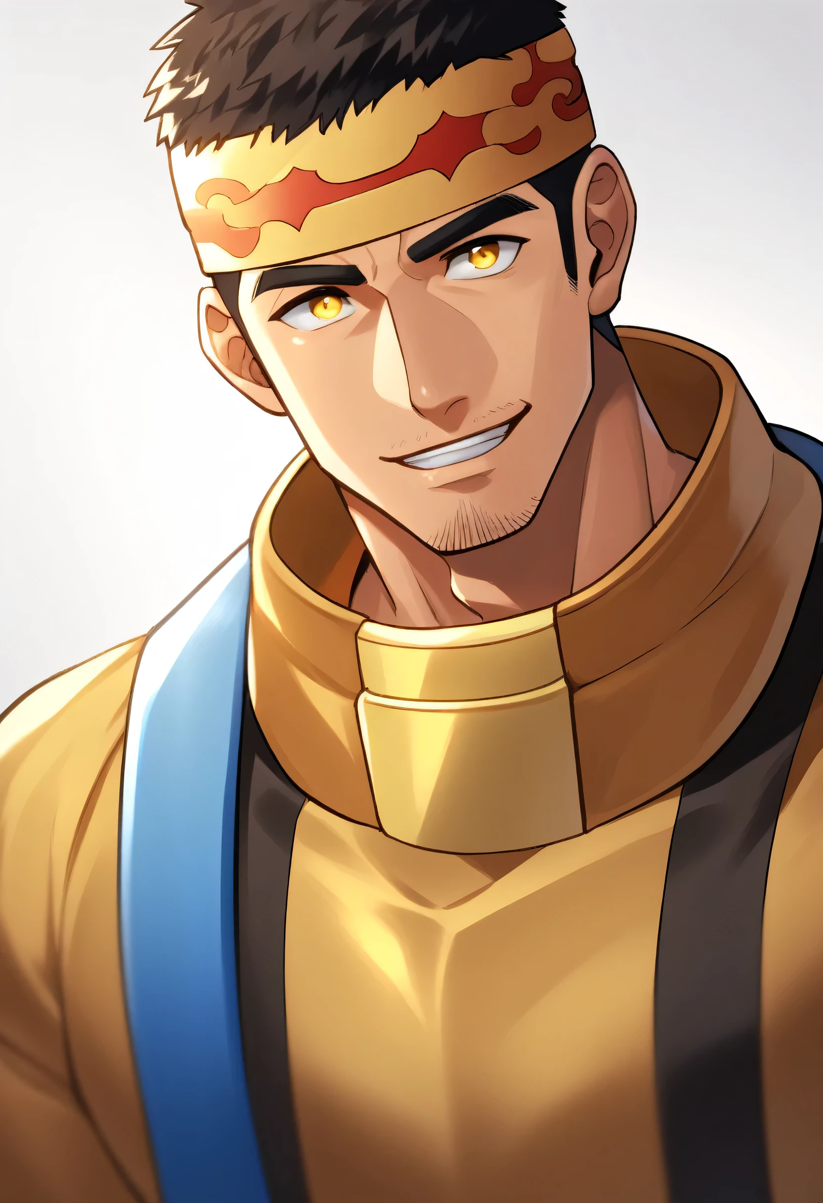 anime characters:Gyee, 1 young muscular man, male focus, Flame tattoo, sports Red headband, Dark yellow high collar long sleeve tights, Very tight, muscular male, muscular, Round, firm and full chest muscles, only, Upper body, alone, Black short hair, Thick eyebrows, stubble, Yellow eyes, White background, simple background, amazing quality, best aesthetics, Ridiculous, bright pupils, crew cut, naughty face, torogao, parted lips, halo, god rays, best quality