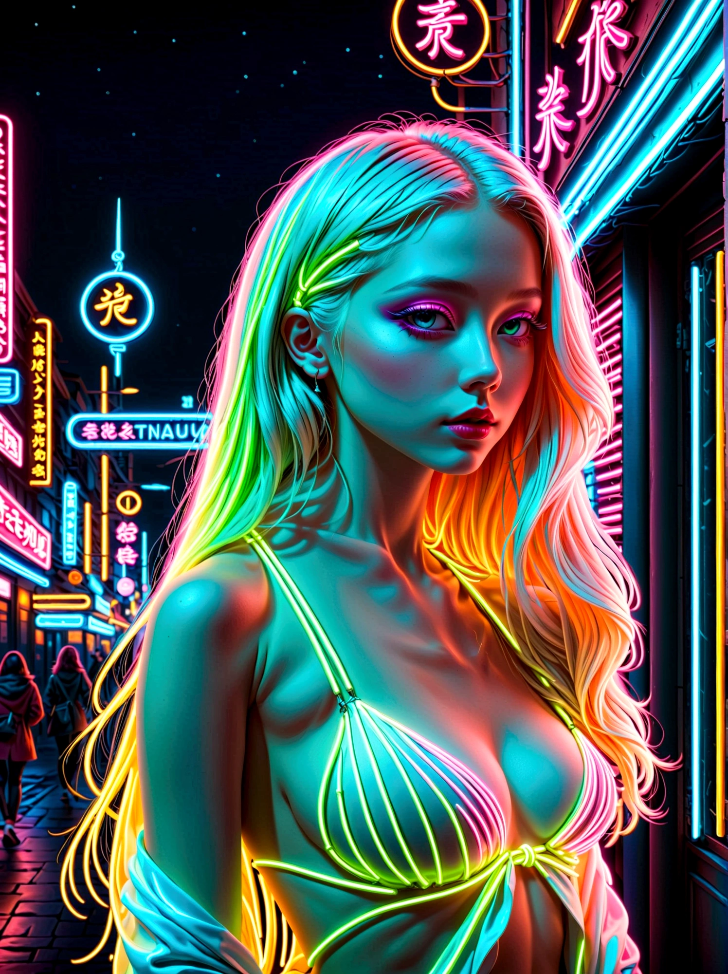 neon, (发光的neon玻璃制成的招牌)，透明neon材质，shine，Refraction details，albino girl，neon线长须水母在头上，Doll with long hair，(发光neon线制成的连衣裙:1.5)，Renaissance，Baroque，psychedelic，romantic，neonовая палитра, pale color, 1nhdg1