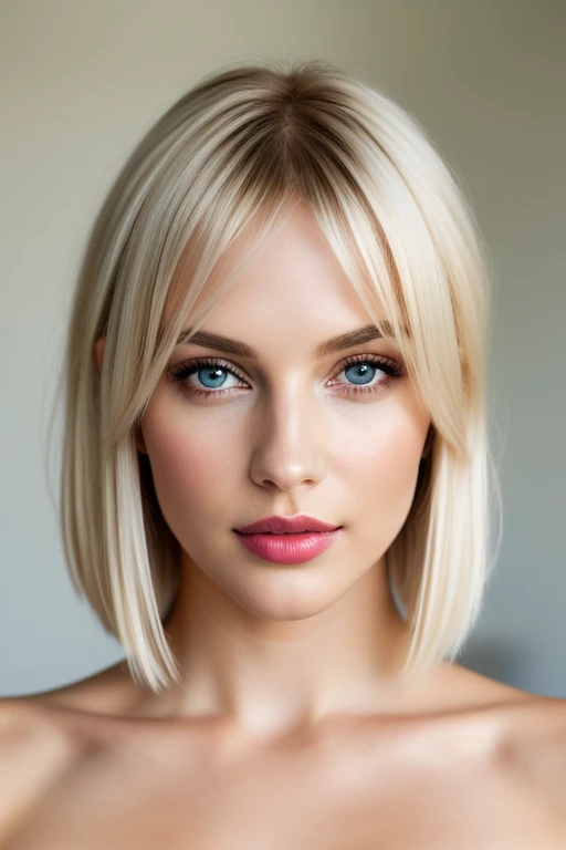 highest quality, 8k, masterpiece, realistic, High resolution, sharp focus, 1 girl, 28 year old gorgeous fashion supermodel, Nude, Full body, bright white blonde hair, cleavage, short hair, dull bangs, hair behind the ear, long hair, slender body shape, super detailed face, delicate lips, Moderately, beautiful eyes, lipstick, light blush, perfect shiny shiny skin, invite the gaze, view audience
