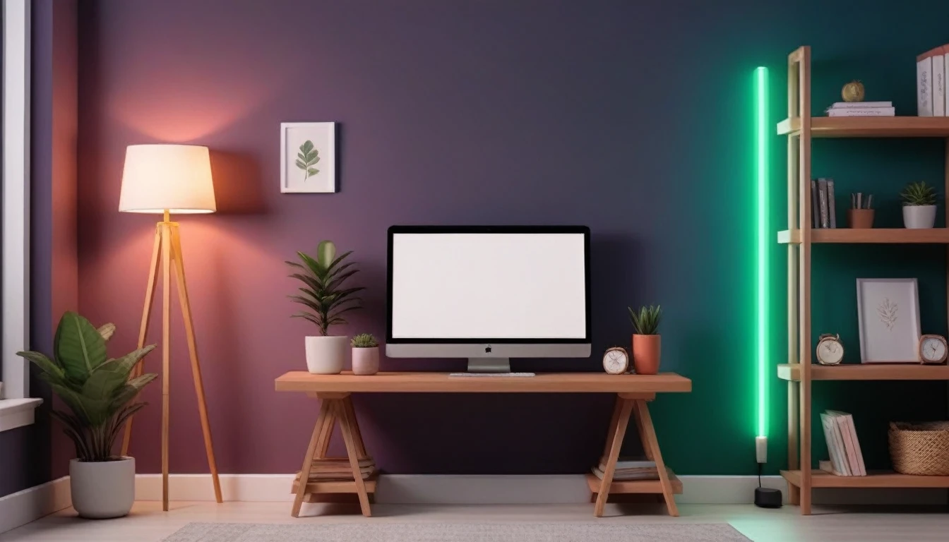 Design a beautifully looking wall for a youtube thumbnail background that has a good RGB light setup it has a small book shelve at the left hand side with some few books and some tech gadgets on a table with a table lamp, a table in front of the camera with space behind it