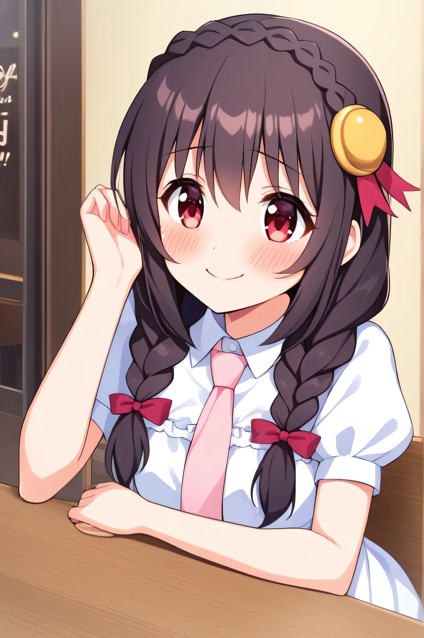 alone, One girl、Crown braids in the same color as your hair, hair ornaments, Hair Ribbon, Pink tie, (White dress), Cafe、Black Hair、(A shy and happy face:1.5)、(blush:1.2)、Sitting、♥、Date