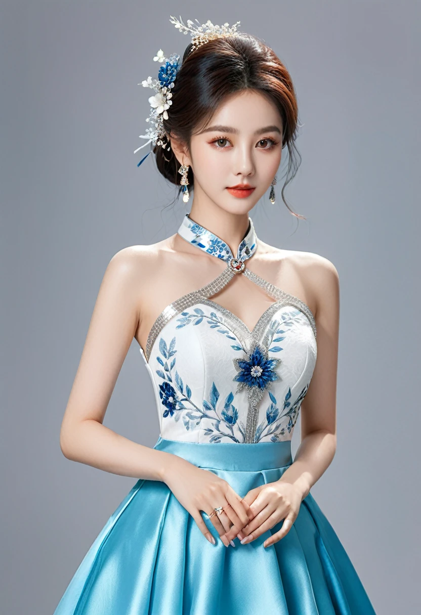 Realistic photo style, whole body 사진에 아름다운 아시아 소녀가 등장합니다., Wearing a unique ethnic style evening gown with delicate skin., bright and lively eyes, Thick eyelashes that look especially attractive. Long dresses are slim and elegant., Eye-catching silver jewelry and alcohol. The high-collar design adds an elegant atmosphere., Color of blue and white porcelain. using light and shadow, The vivid and harmonious appearance of the protagonist is highlighted... whole body, (masterpiece, best quality, professional, perfect composition, very aesthetic, absurd, very detailed, intricate details:1.3)