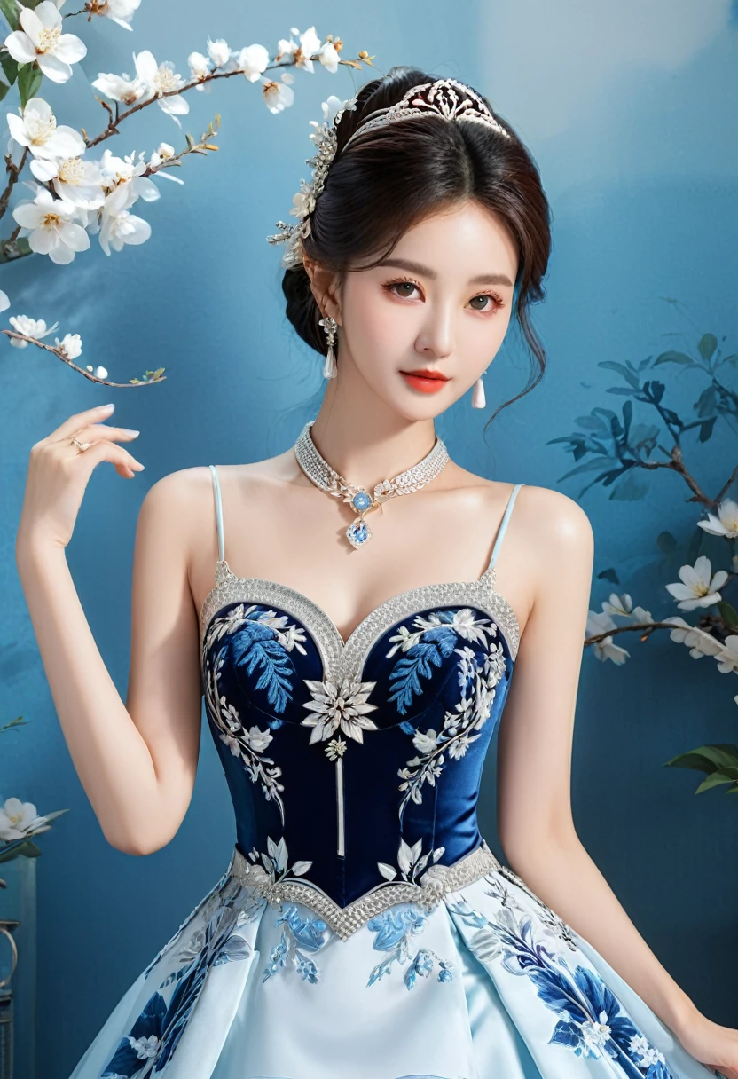 Realistic photo style, whole body 사진에 아름다운 아시아 소녀가 등장합니다., Wearing a unique ethnic style evening gown with delicate skin., bright and lively eyes, Thick eyelashes that look especially attractive. Long dresses are slim and elegant., Eye-catching silver jewelry and alcohol. The high-collar design adds an elegant atmosphere., Color of blue and white porcelain. using light and shadow, The vivid and harmonious appearance of the protagonist is highlighted... whole body, (masterpiece, best quality, professional, perfect composition, very aesthetic, absurd, very detailed, intricate details:1.3)