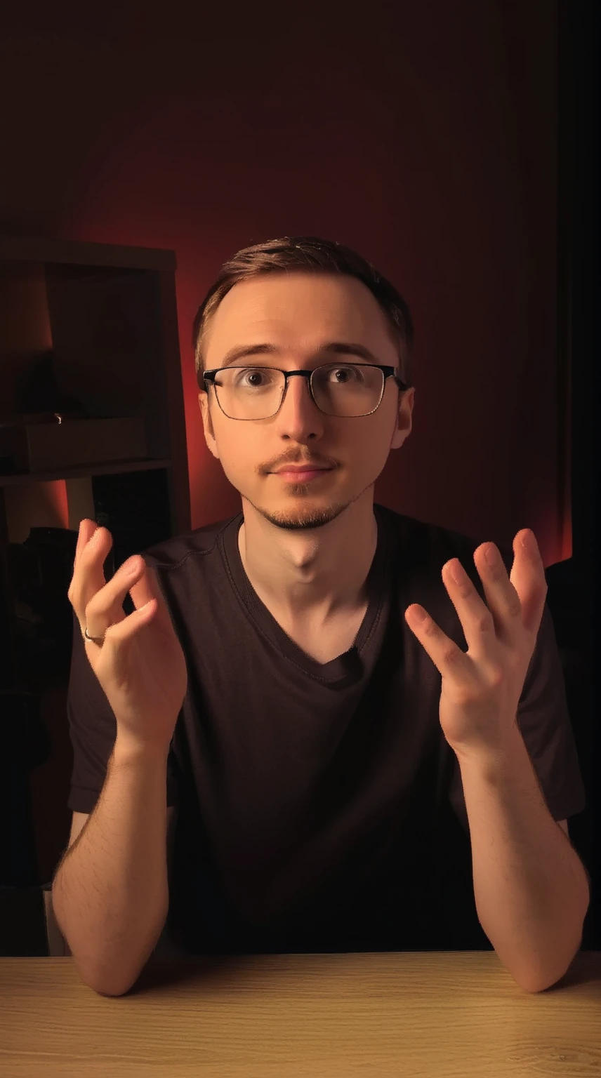 Arafed sits at the table, Raising his hands up, a twitch streamer / gamer Ludwig, Linus from Linustechtips, Typical cryptocurrency fan, portrait in the middle of the shot, profile picture 1024px, Ricky Berwick, high quality portrait, Alexey Gurylev, raised his hands to his face, portrait jerma985, Doug Walker