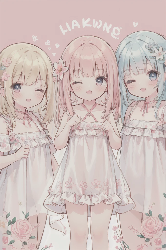 absurd-resolution, ultra-detailed, (best quality illustration), 8K, ultra high res, cowgirl shot, simple background, (flower-style background)
(3girls:1.2), side by side, (very cute, cheerful, wink, one eye closed), without outfit, naked, perfect hand