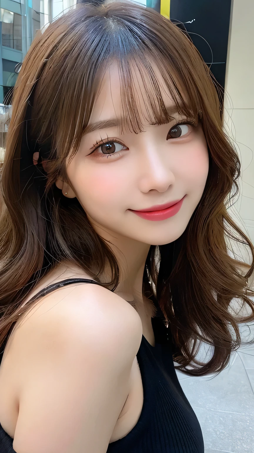 Tabletop, Highest quality, figure, Super detailed, In detail, High resolution, 8k wallpaper, Perfect dynamic composition, Beautiful attention to detail, Autumn fashion for women,Wavy Hair,huge 、Natural color lip, Bold sexy pose,smile,Harajuku、20-year-old girl、cute、sexy shot looking at camera、Close-up of face