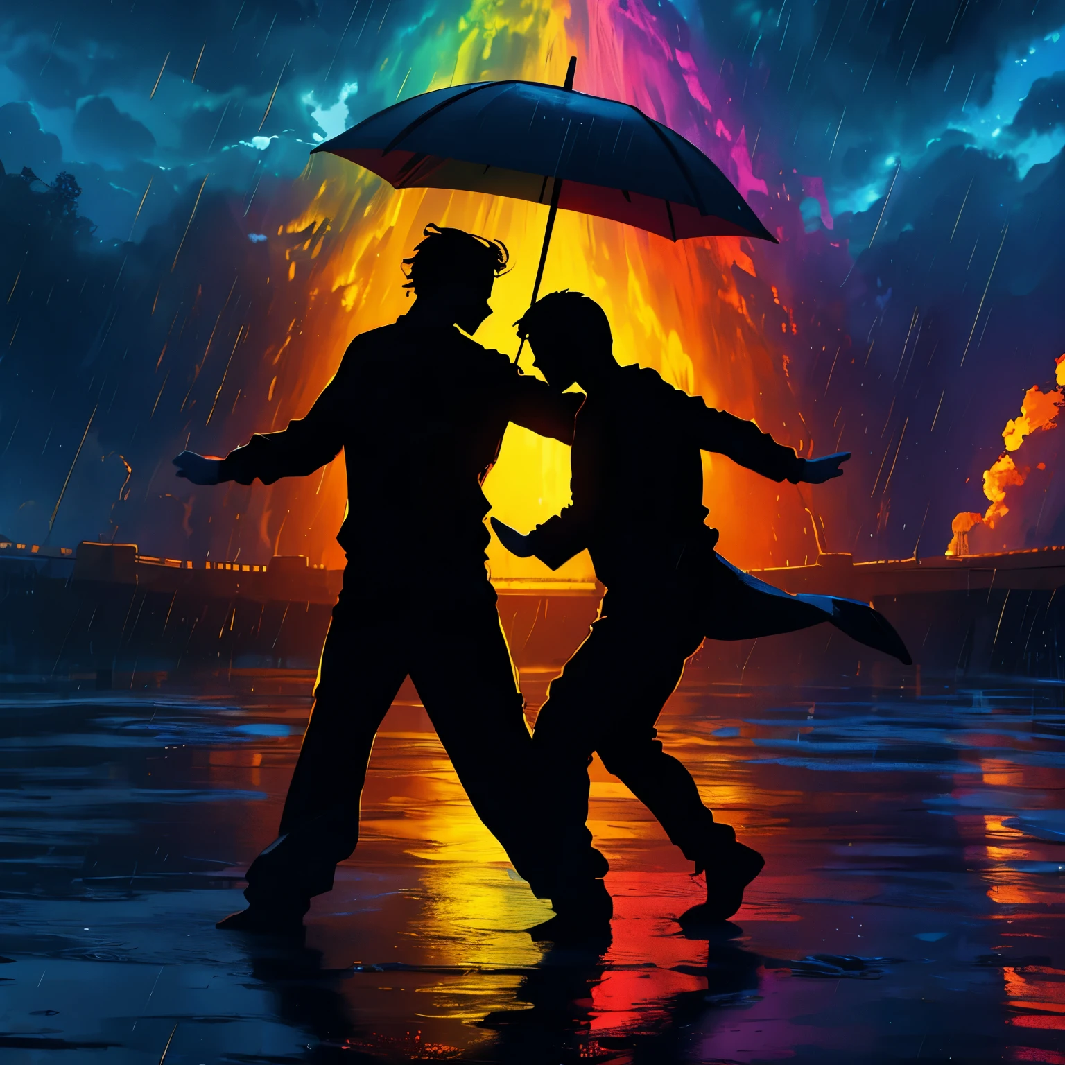 (best quality,8k,highres, masterpiece:1.2), ultra-detailed, HDR, UHD, studio lighting, ultra-fine painting, sharp focus, physically-based rendering, extreme detail description, professional, vivid colors, concept artists, warm color palette, dramatic lighting,(Pouring rain), men dancing with umbrellas, blue sky through the clouds, rainbows in the sky, (silhouette art)