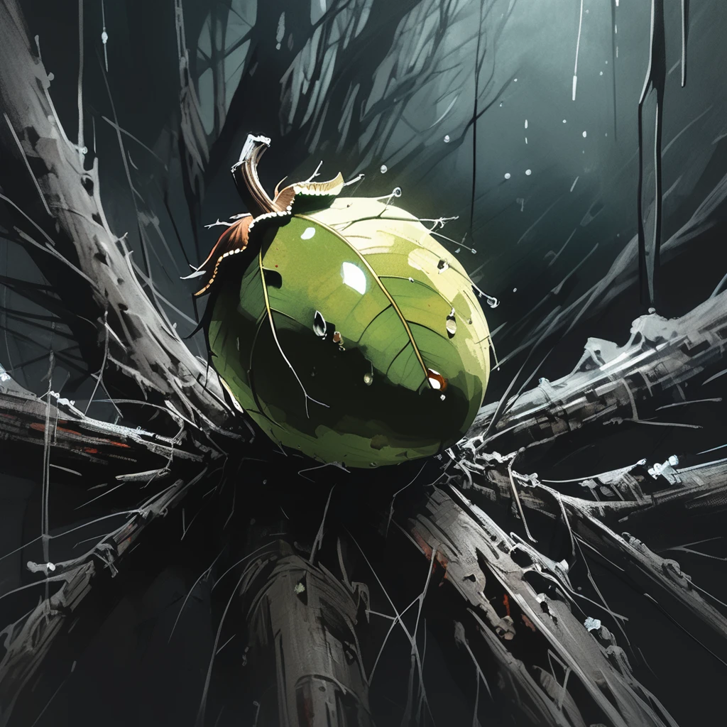 old dead doom, branch with one green leaf and one acorn close-up,  graphic style of novel comics,dark novel style, comic, 2d, 8k, hyperrealism, masterpiece, high resolution, best quality, ultra-detailed, super realistic, Hyperrealistic art, high-quality, ultra high res, highest detailed, lot of details, Extremely high-resolution details, incredibly lifelike, colourful, soft cinematic light,