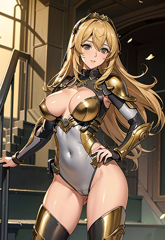 best quality, official art, masterpiece, textile shading, HDR, very detailed, colorful, best details, fantasy, Black and gold battle suit,1 female, Yui Takamura:1.5, 25 years old, best quality, official art, masterpiece, textile shading, HDR, very detailed, colorful, best details, fantasy, battle suit,1 female, 25 years old, standing on stairs,A castle town with an old castle view, sunny,choppy hair, big breast, skinny,Surrounded by a large crowd:1.9、Confetti flutters、Blessed、Being welcomed:1.5、cameltoe,The breastplate of the armor suddenly comes off and falls., Nipples exposed,Flustered expression、blush,Trying to cover her exposed nipples with her hands,