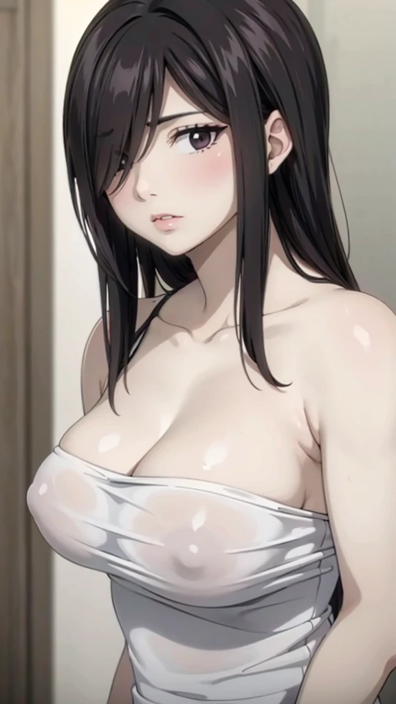 Cute , mature women, chubby cheek,realistic skin,t shirt see through nipple,realistic breast, saggy breast, nipple out,muted colours, cold lighting, pale white skin, mature women,black hair, long hair, (hair over one eye:1.4), Messy hair,straight hair,hair between eyes ,sleepy eyes ,beautiful,pucker lips,charm,pubic hair pussy,dense pubic hair, cute shy blush on