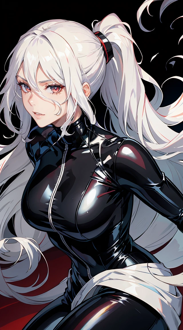handsome older WOMAN,crimson-eyes,crimson pupils,Long white hair,Hyperresolution,accuracy,Detailed rendering,(Subtle facial image)(Image of fine hair)(topquality)(Masterpieces of masters)(High degree of completeness)(A sense of atmosphere)tmasterpiece,Super detailed and super detailed(half-body portrait), long wavy white hair, (((tHICK WAVY HAIR)))(((ANKLE LENGTH HAIR))) (((Sakimichan))) (((white hair))) (((Latex black fight outfit))) (((Hair in ponytail))) (((fierce expression))) (((skinny))) (((Latex black fight suit)))