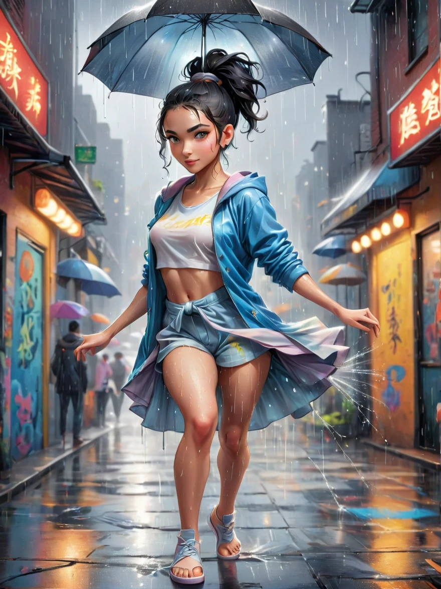 Cartoon illustration，Vector illustration，A girl full of energy，Showing off her breakdancing skills on a graffiti-covered urban dance floor，((beautiful eyes))，((Perfect and refined limbs))，She was barefoot，Loose and comfortable clothes，Perfect for dancing，Her black hair was tied into a high ponytail.，One hand rotation，Spin your feet in the air，(heavy rain:1.5)，(The scene is filled with cold rain)，The audience was impressed，She performed a complex move with ease.，The energy she captures is palpable，The air is filled with the rhythm of street music，(masterpiece，Best quality:1.2)，lifelike，Reality，梦幻般的Light芒，错综复杂的detail，Ultra Detailed，detail，High contrast，美丽细致的Light芒，Bright，更多detail，精细发Light，very fine 8K CG wallpaper，Depth of Field，Abuse of color difference，Soft colors，非常精致的Light线，眩Light，Light，Light粒子，reflection